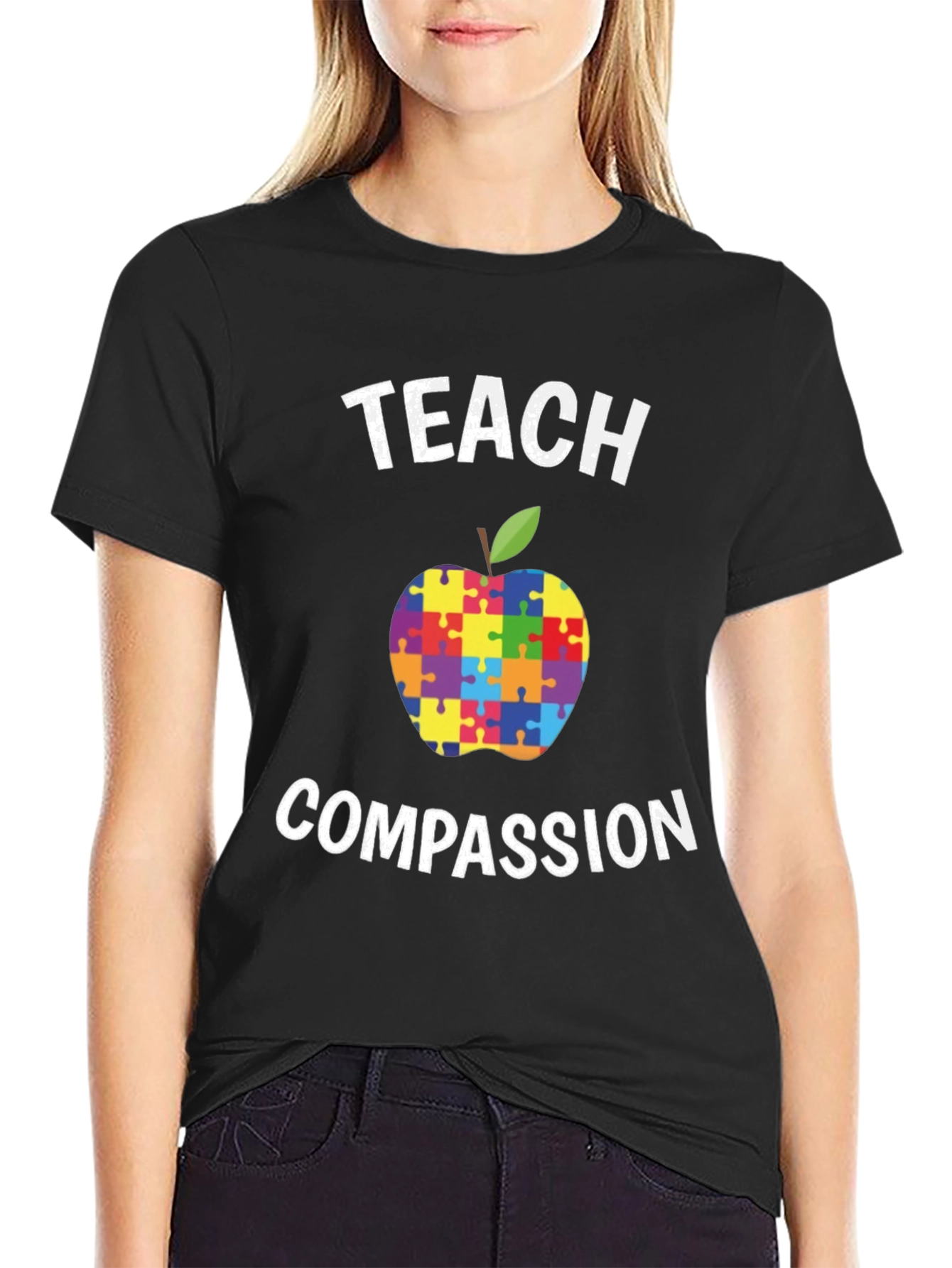 Teach Compassion Autism Awareness Puzzle Apple T-Shirt