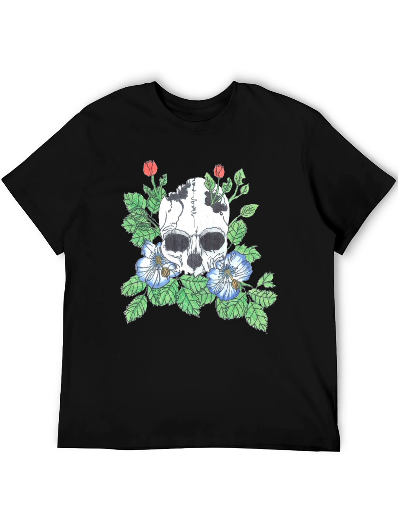 Skull and Flowers Graphic Tee - Black