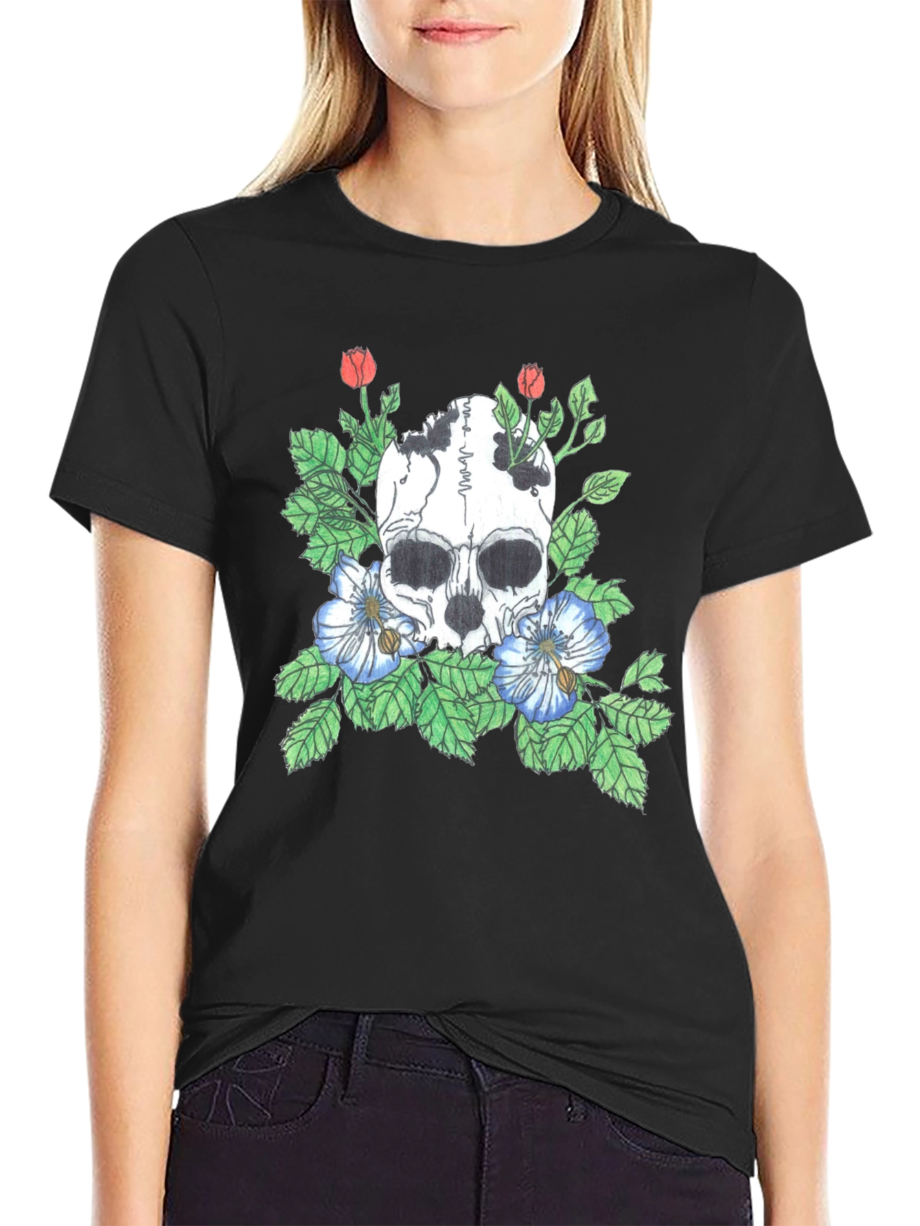 Skull and Flowers Graphic Tee - Black