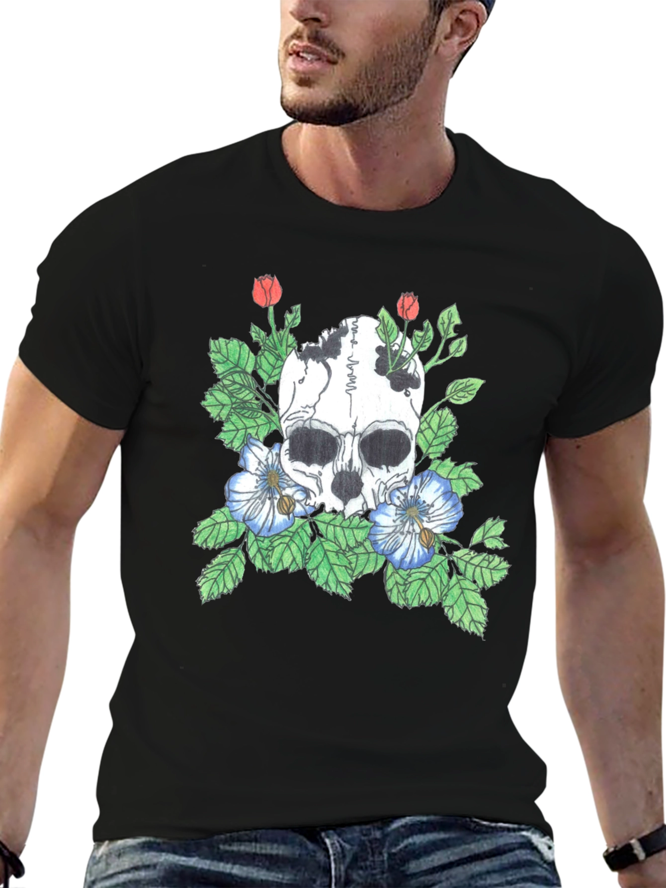 Skull and Flowers Graphic Tee - Black