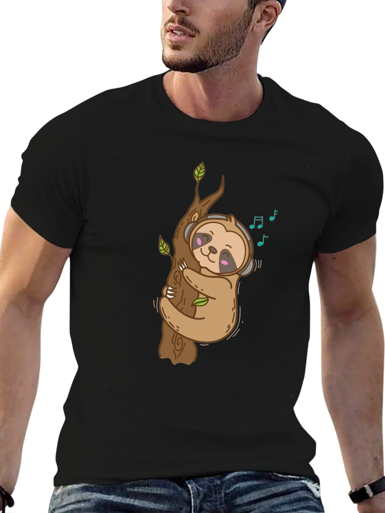 Sloth Music Lover Black T-Shirt
