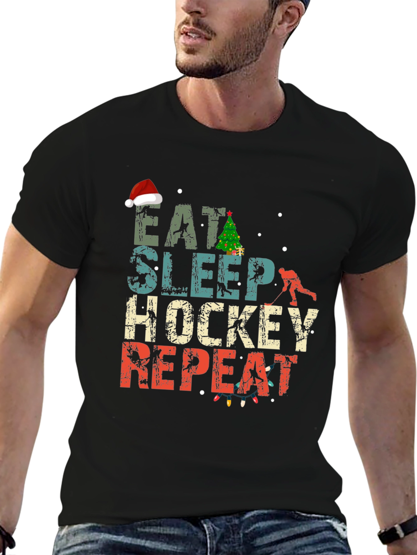Eat Sleep Hockey Repeat Christmas T-Shirt