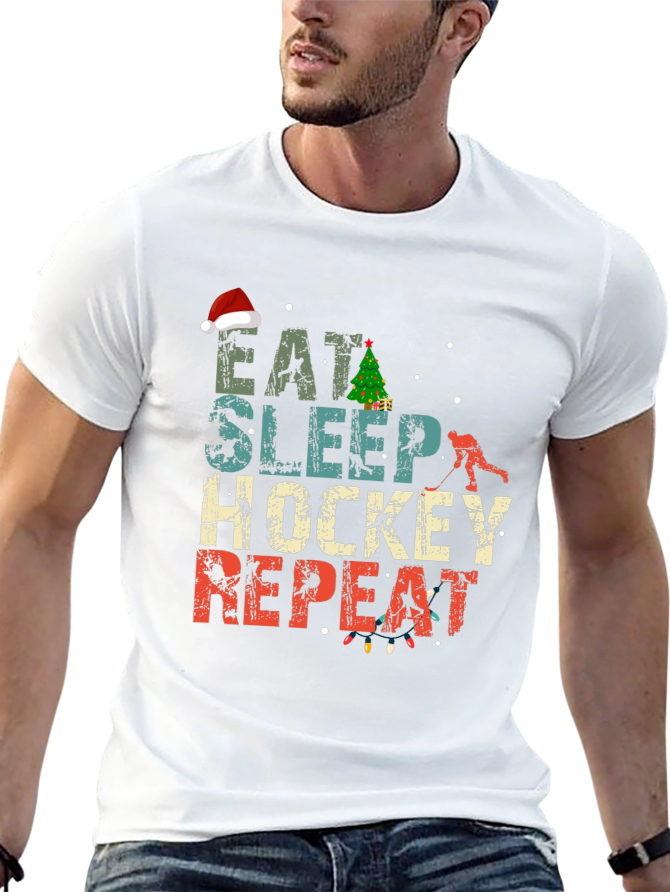 Eat Sleep Hockey Repeat Christmas T-Shirt