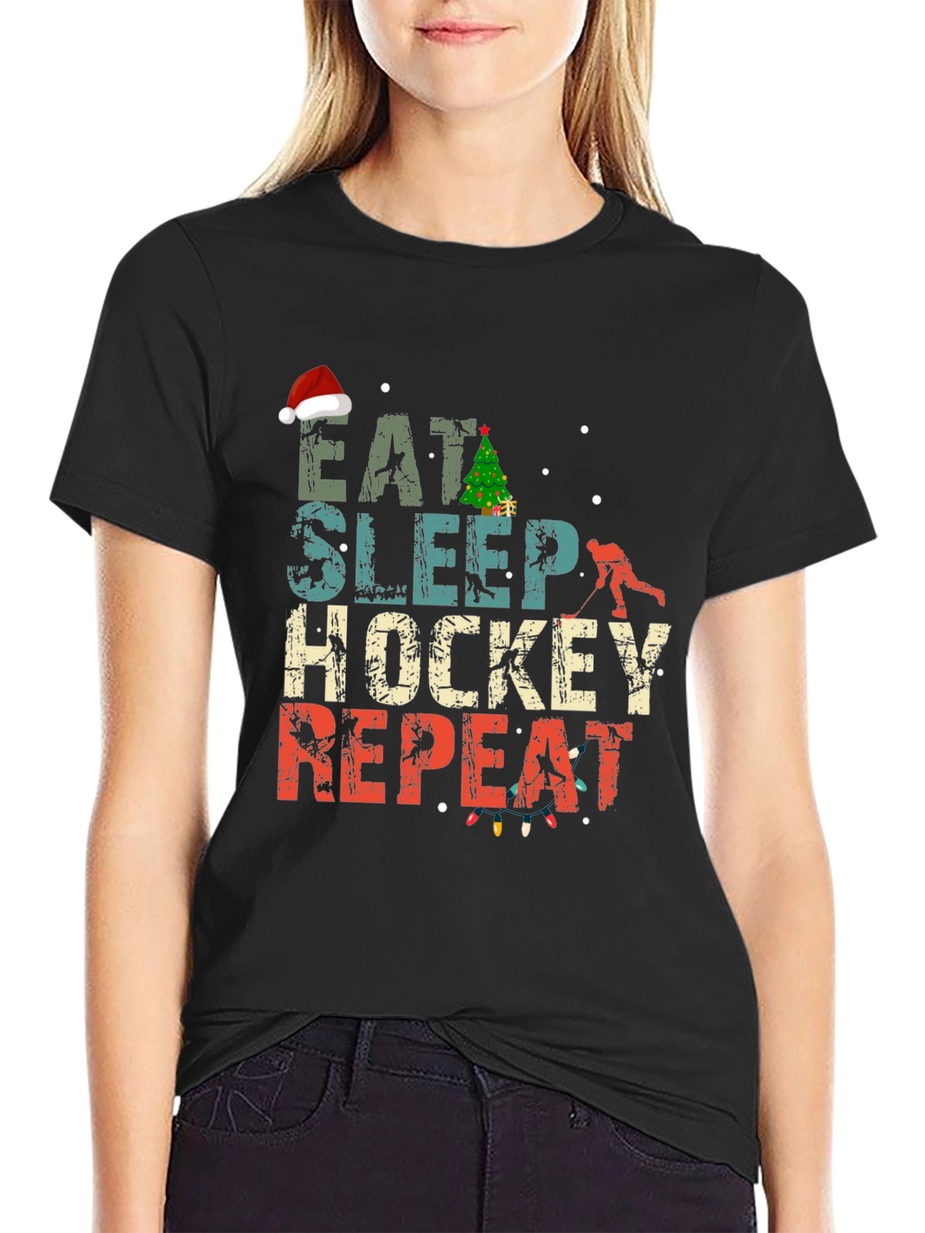 Eat Sleep Hockey Repeat Christmas T-Shirt