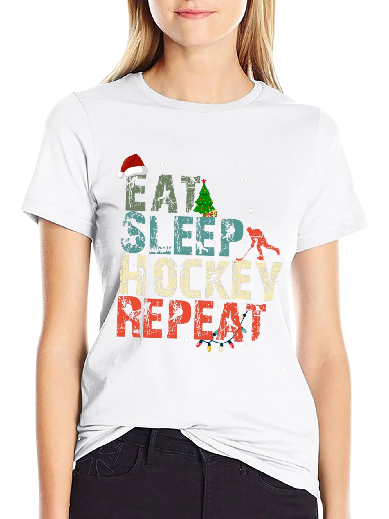 Eat Sleep Hockey Repeat Christmas T-Shirt