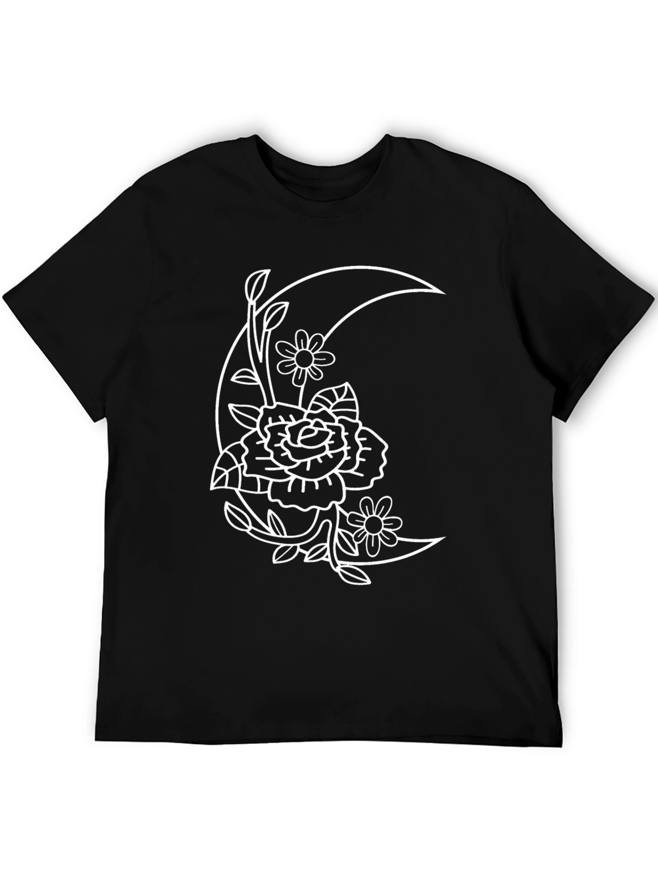 Floral Moon Graphic Tee - Black Cotton T-Shirt