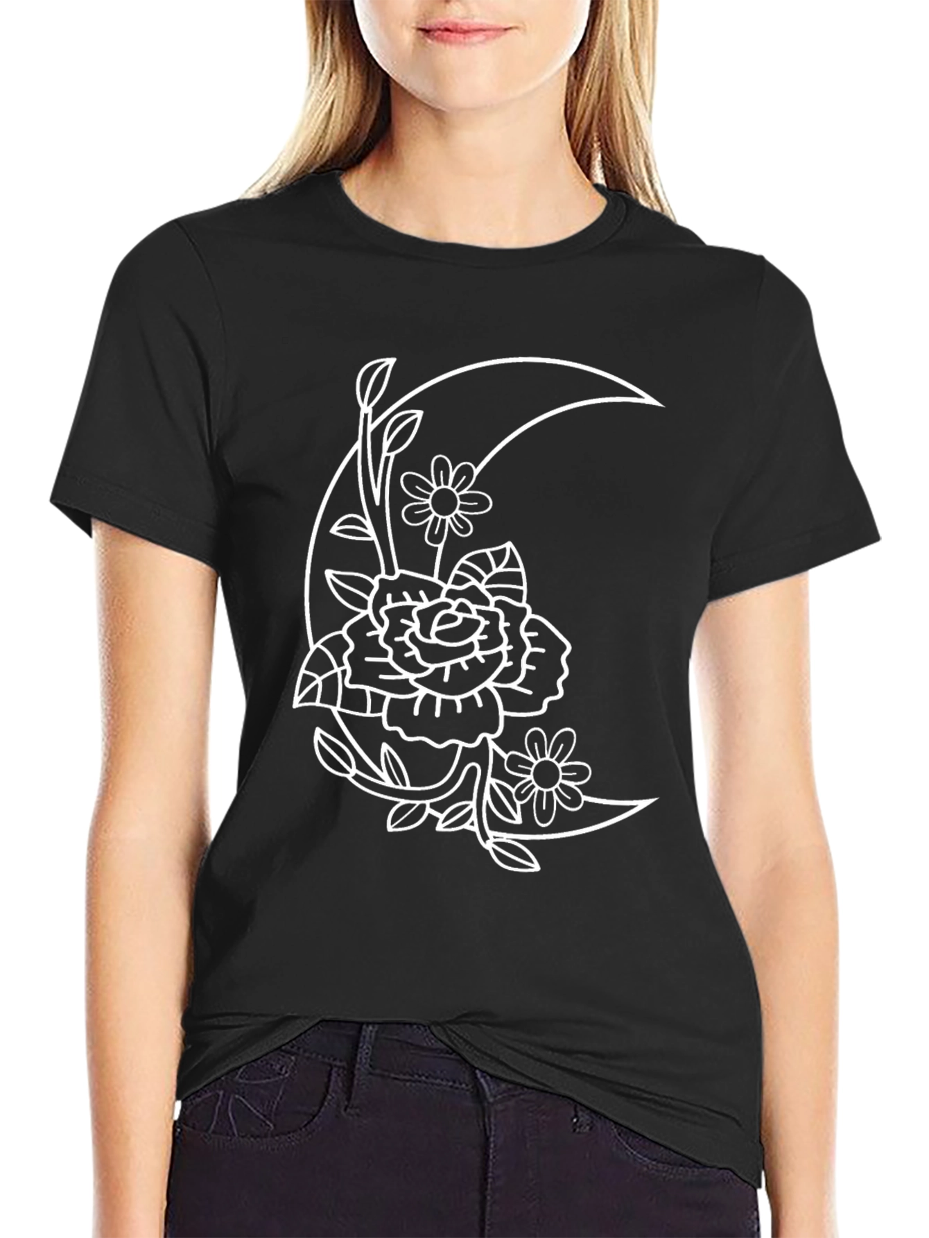 Floral Moon Graphic Tee - Black Cotton T-Shirt