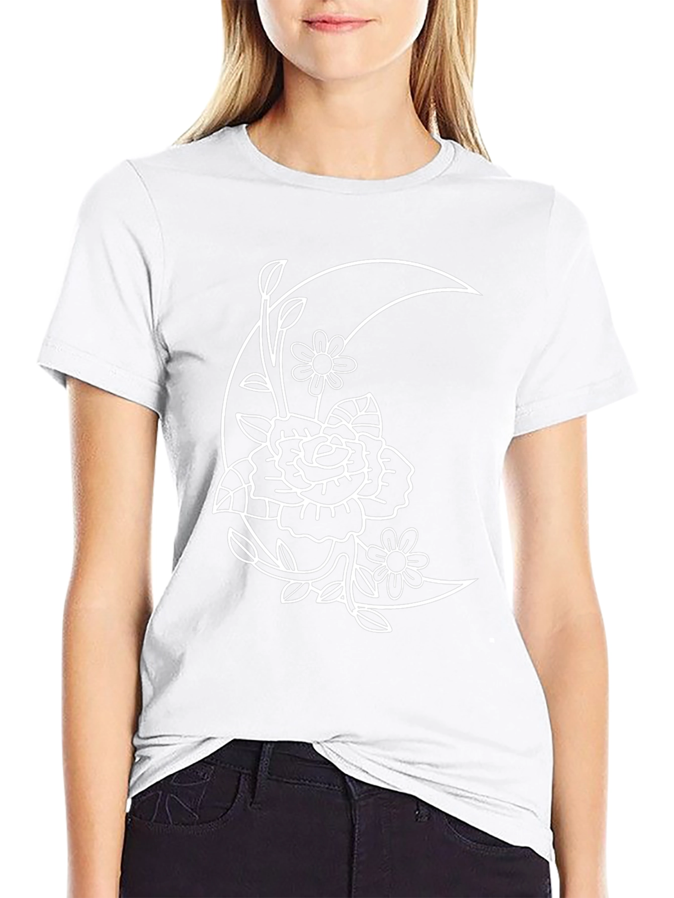 Floral Moon Graphic Tee - Black Cotton T-Shirt