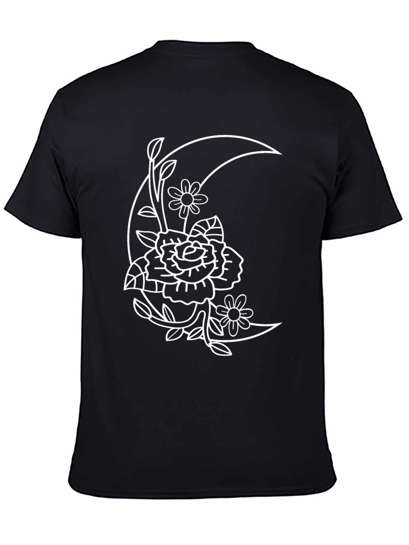 Floral Moon Graphic Tee - Black Cotton T-Shirt