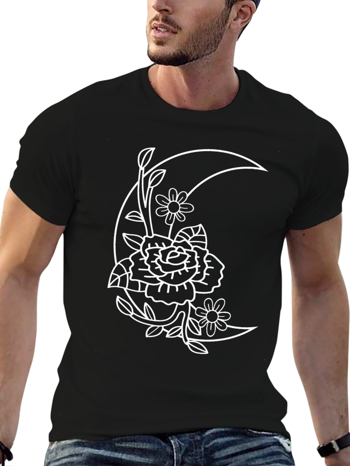 Floral Moon Graphic Tee - Black Cotton T-Shirt