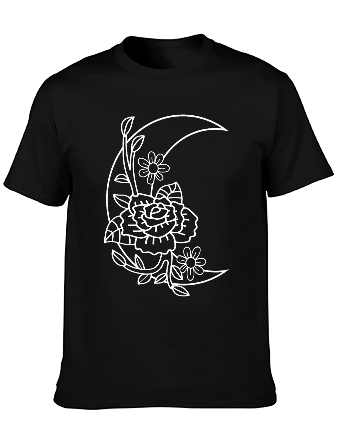 Floral Moon Graphic Tee - Black Cotton T-Shirt