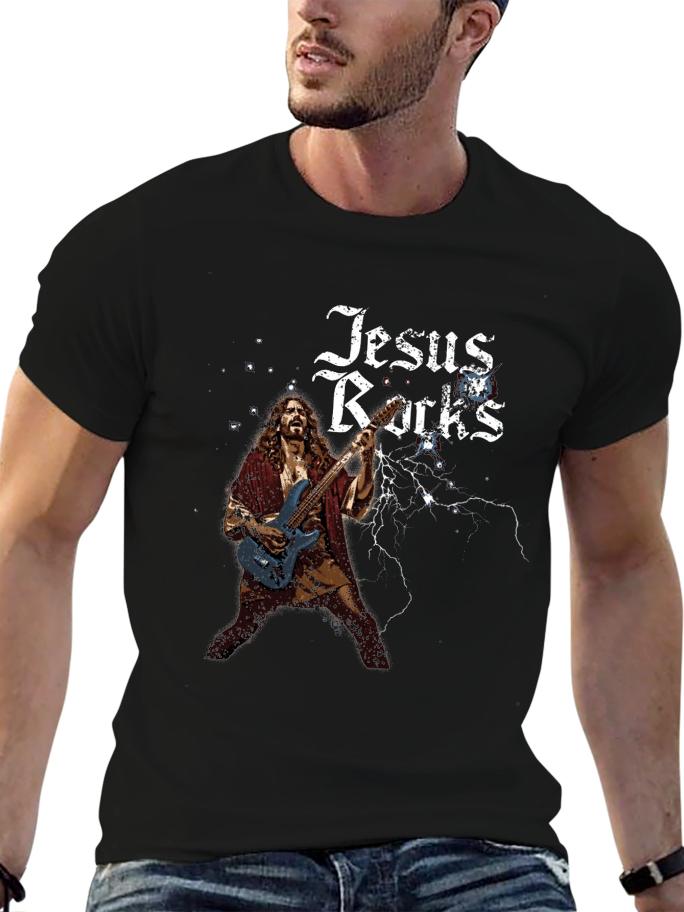 Jesus Rocks Graphic Tee - Black Cotton T-Shirt