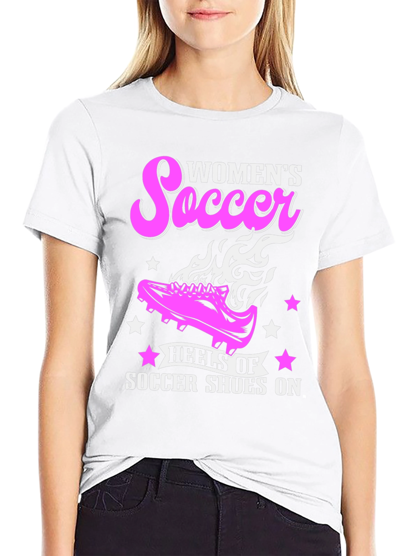 Womens Soccer T-Shirt Heels of Soccer Shoes On