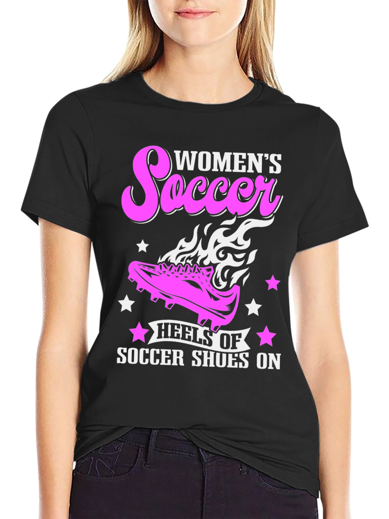 Womens Soccer T-Shirt Heels of Soccer Shoes On