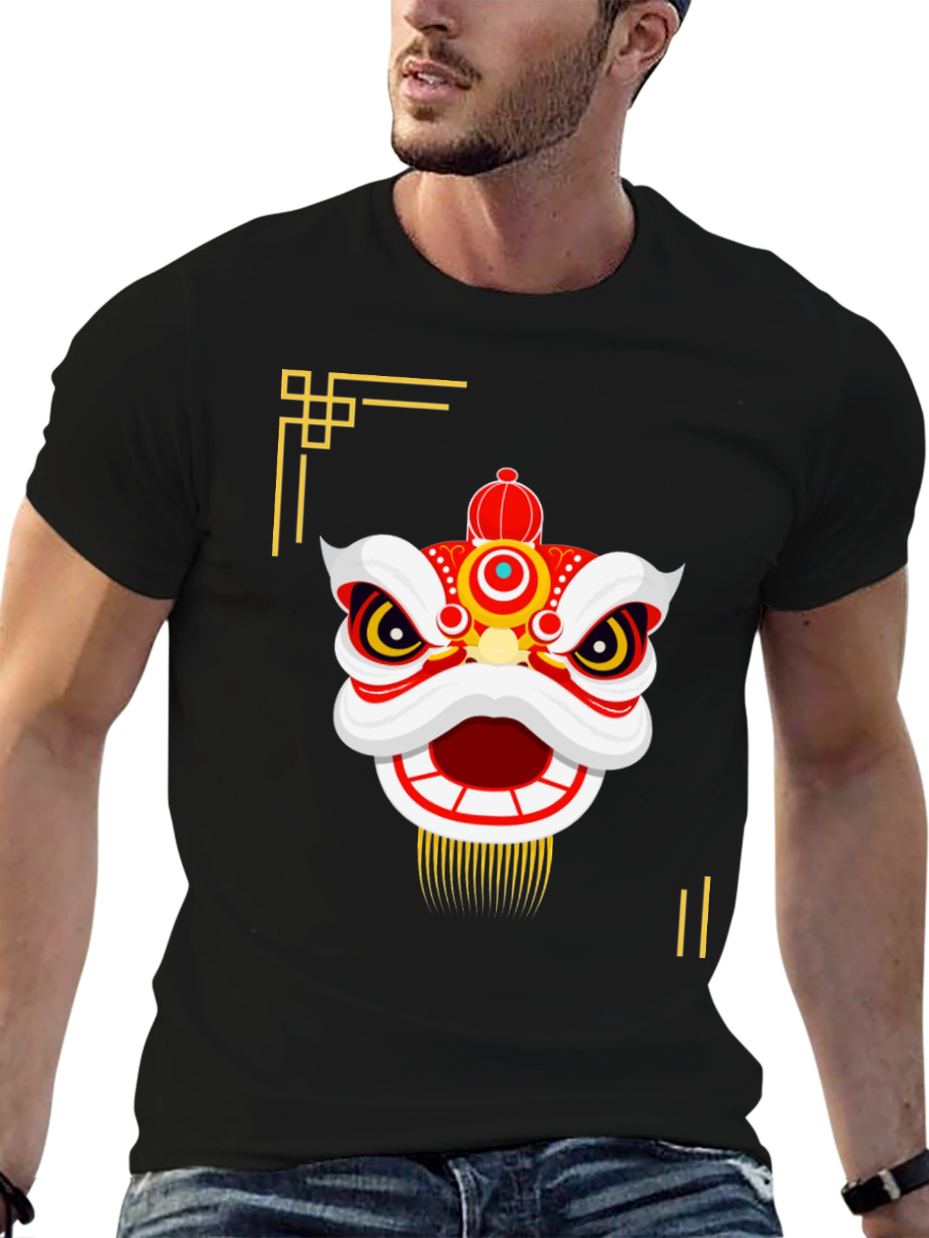 Chinese Lion Dance Graphic Tee - Black