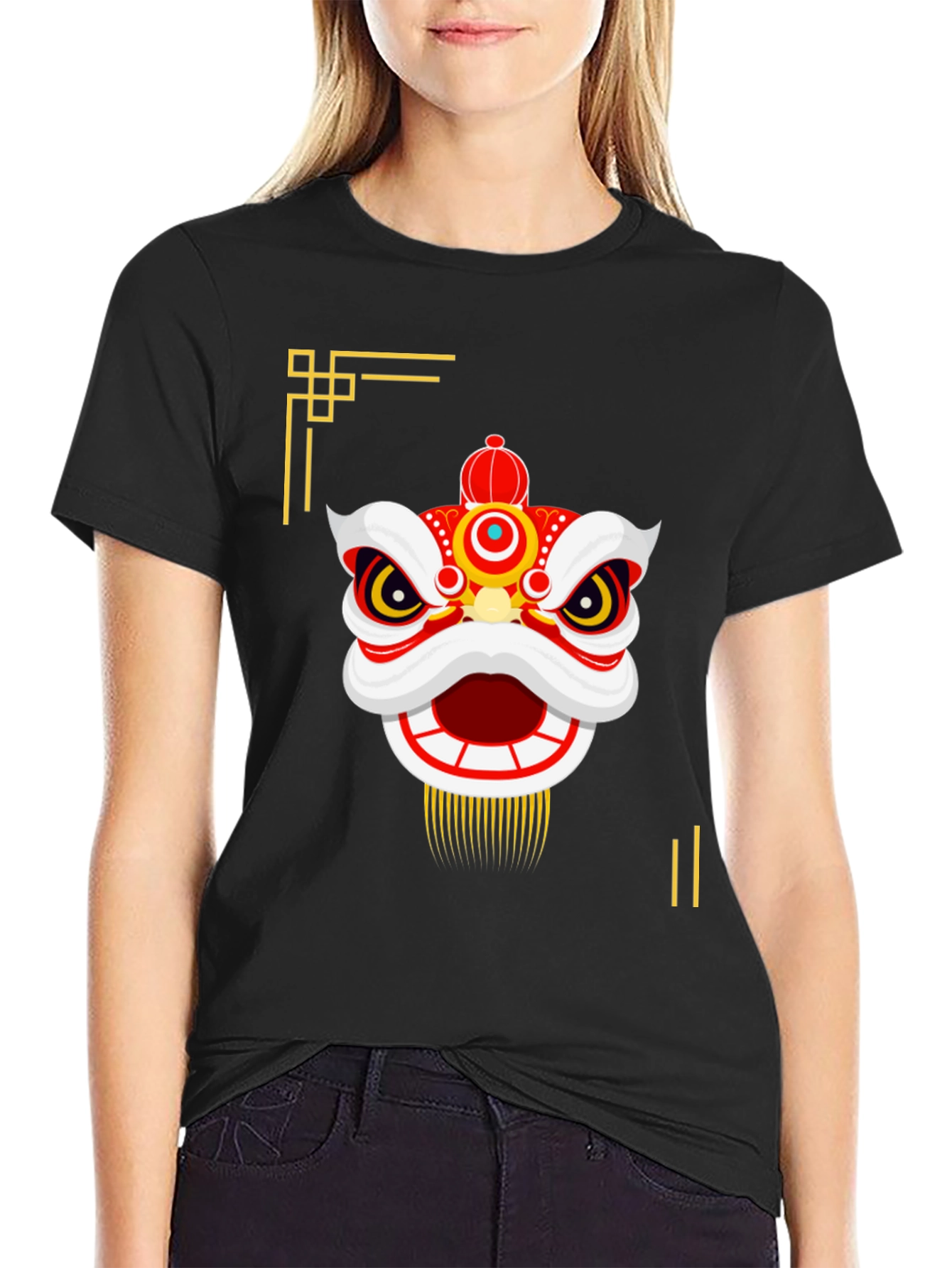 Chinese Lion Dance Graphic Tee - Black