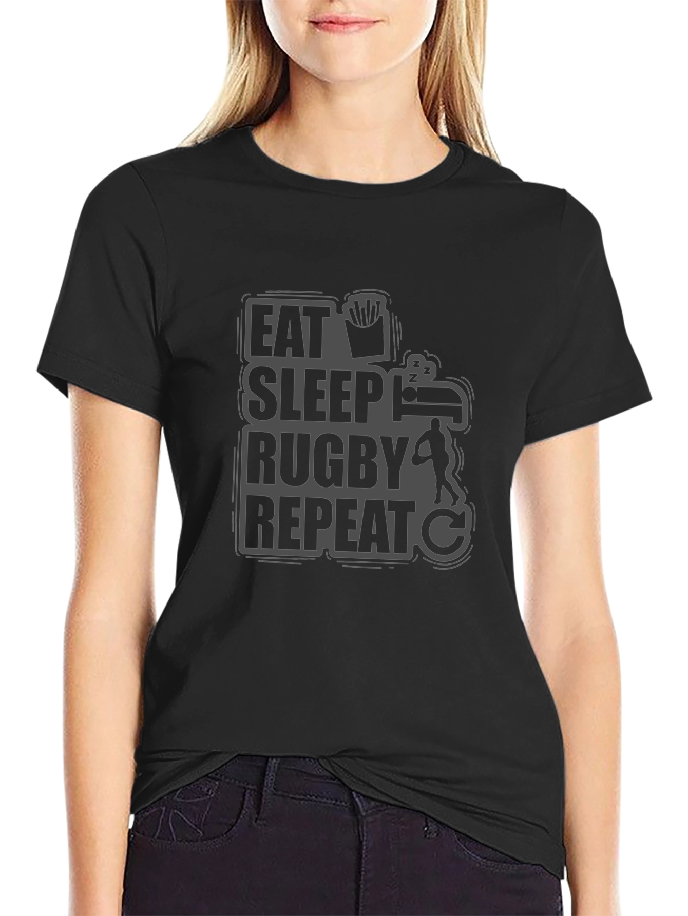 Eat Sleep Rugby Repeat Black Graphic T-Shirt