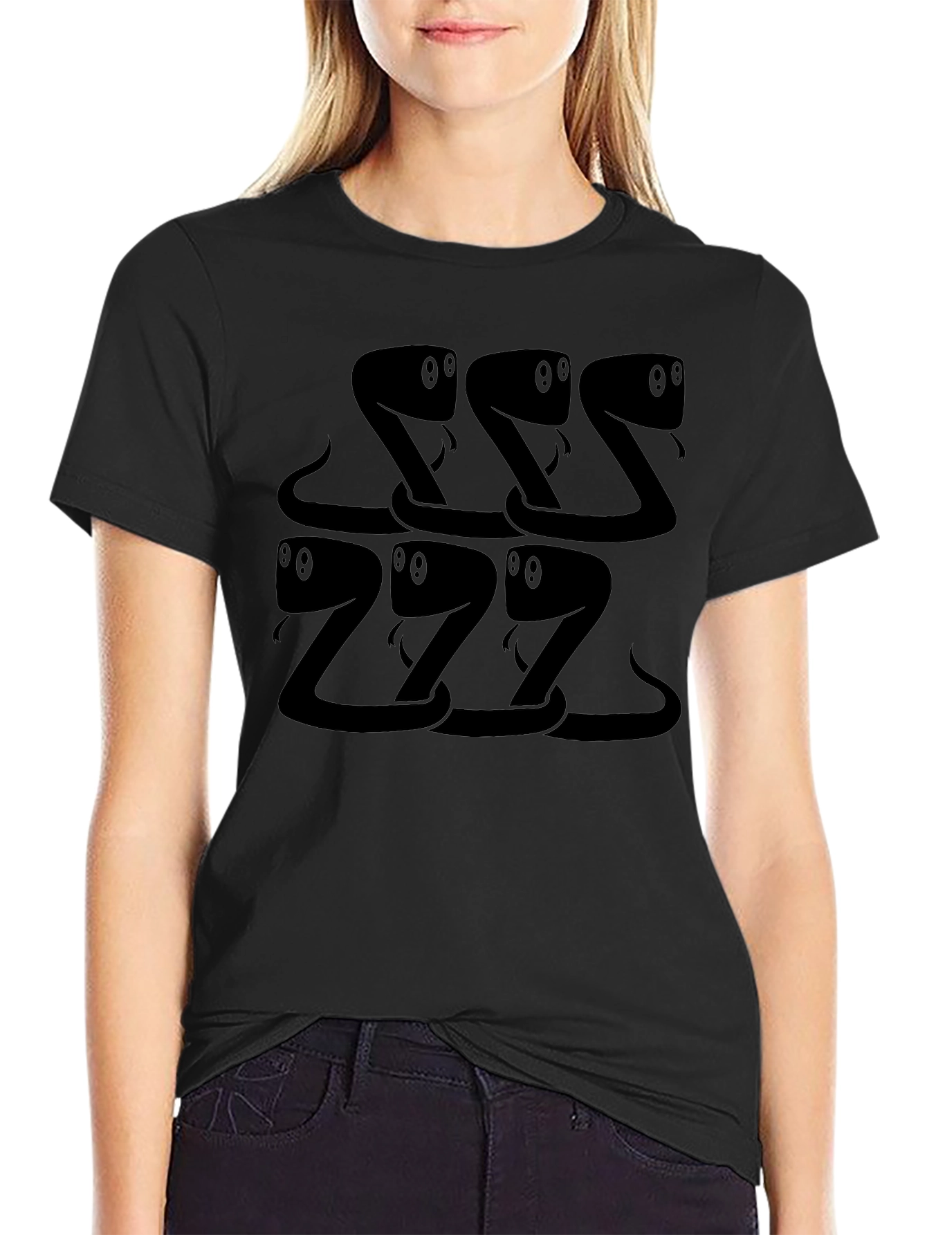 Snake Cartoon Pattern Black T-Shirt