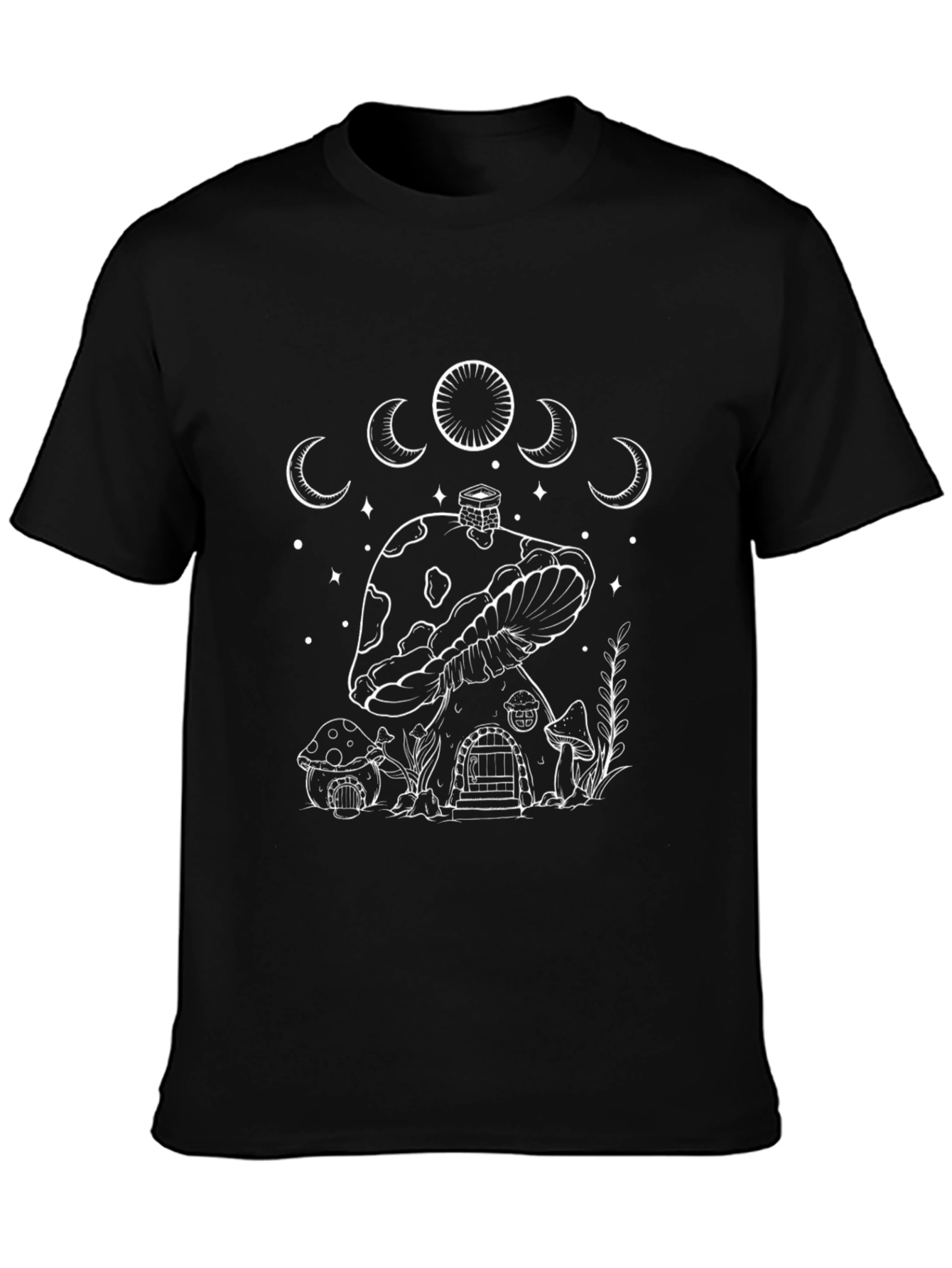 Mushroom House Graphic Tee - Black Cotton T-Shirt