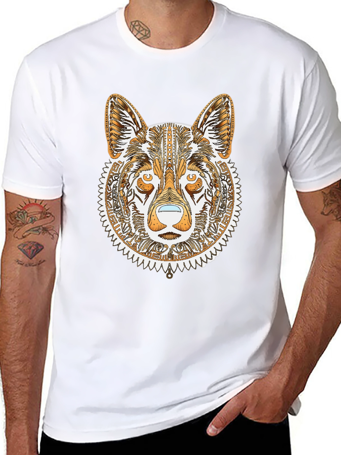 Tribal Wolf Graphic Tee - Black Cotton Shirt