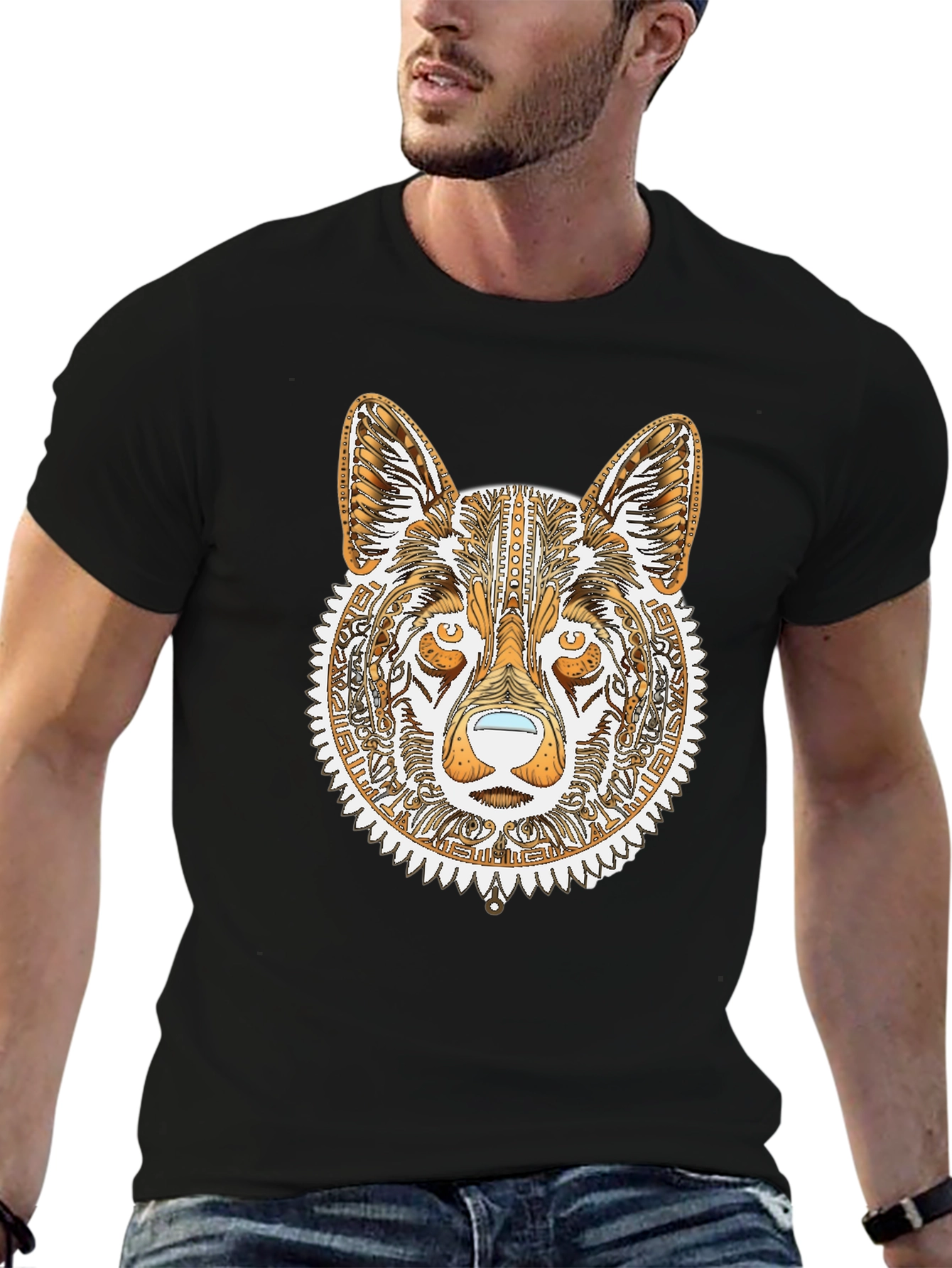 Tribal Wolf Graphic Tee - Black Cotton Shirt
