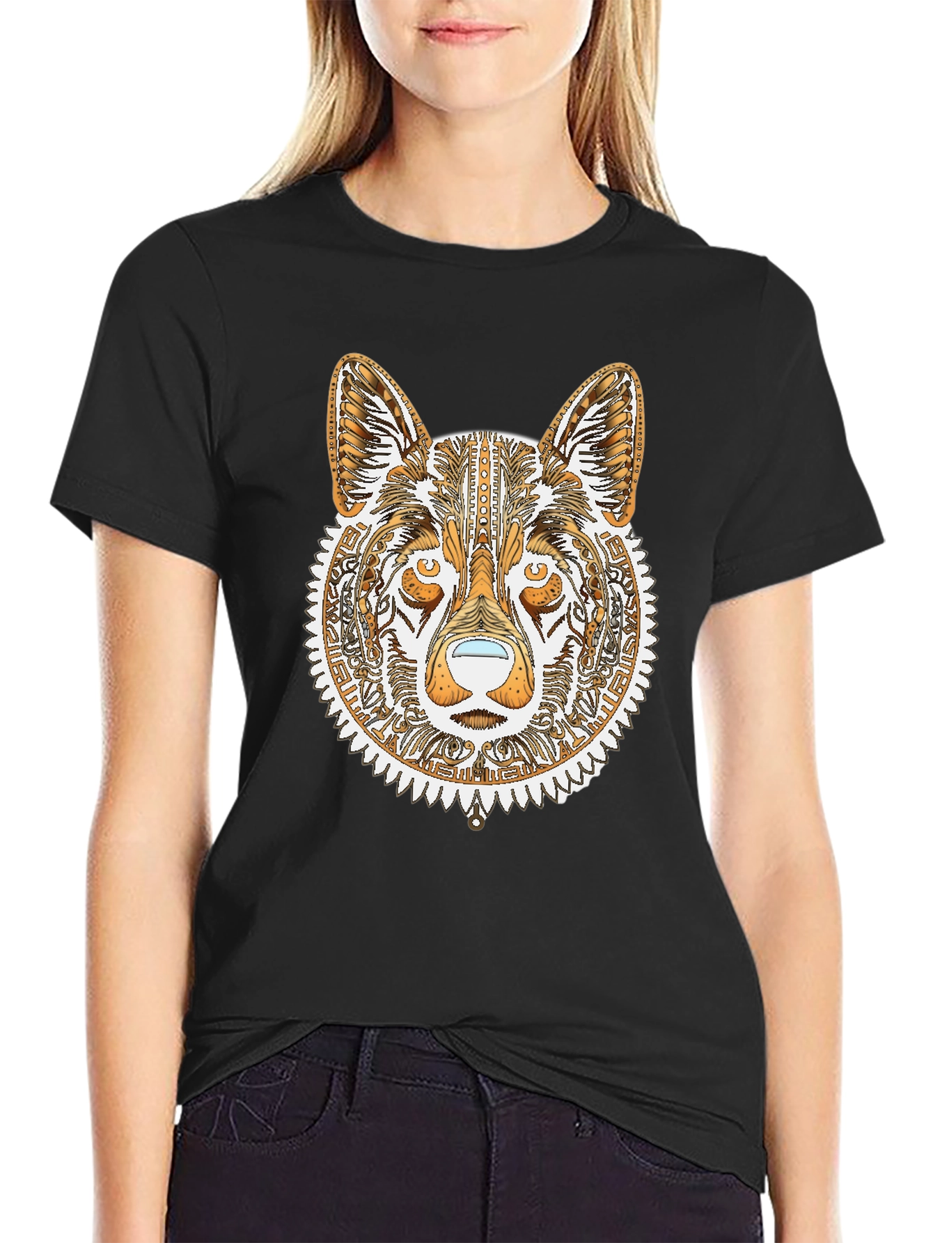 Tribal Wolf Graphic Tee - Black Cotton Shirt