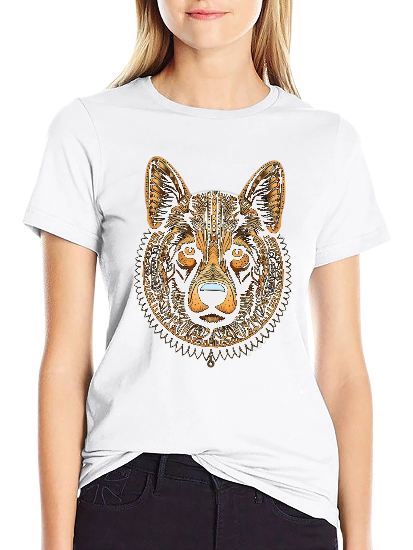Tribal Wolf Graphic Tee - Black Cotton Shirt