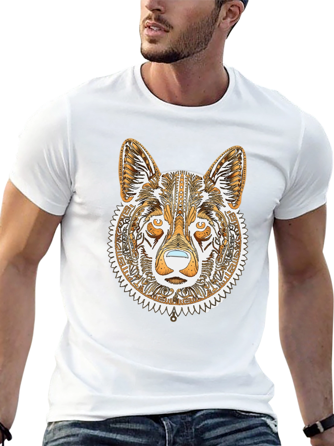 Tribal Wolf Graphic Tee - Black Cotton Shirt