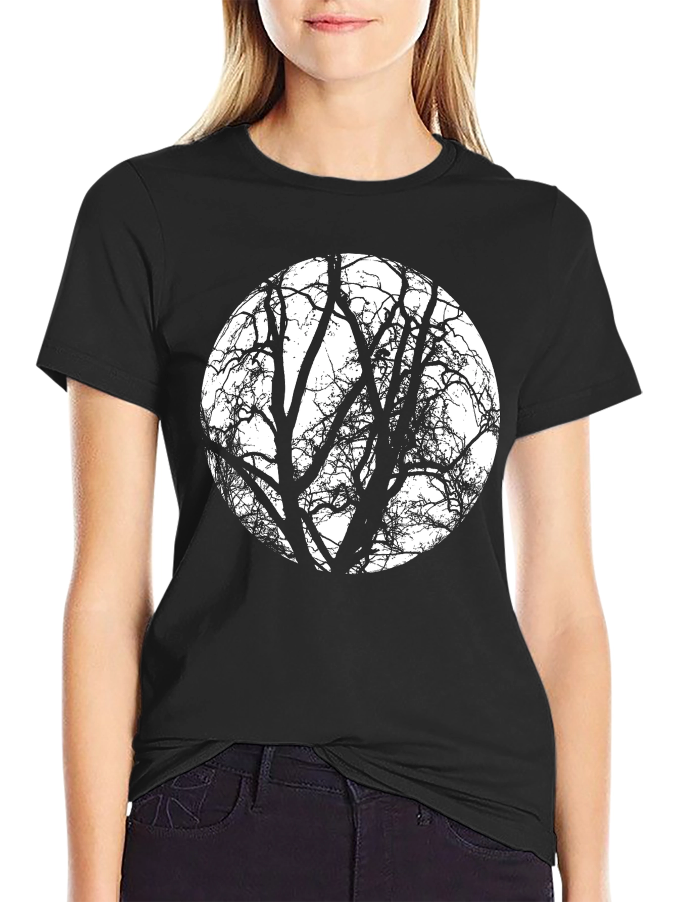 Tree Branch Silhouette Graphic Tee - Black Cotton Blend