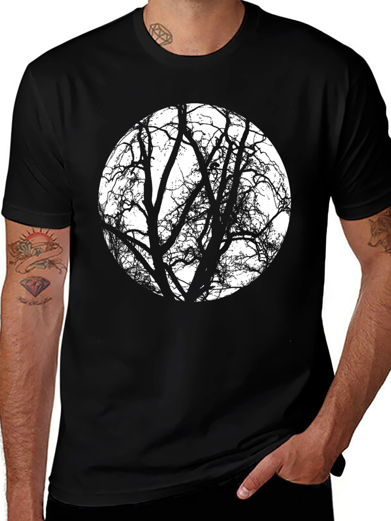 Tree Branch Silhouette Graphic Tee - Black Cotton Blend