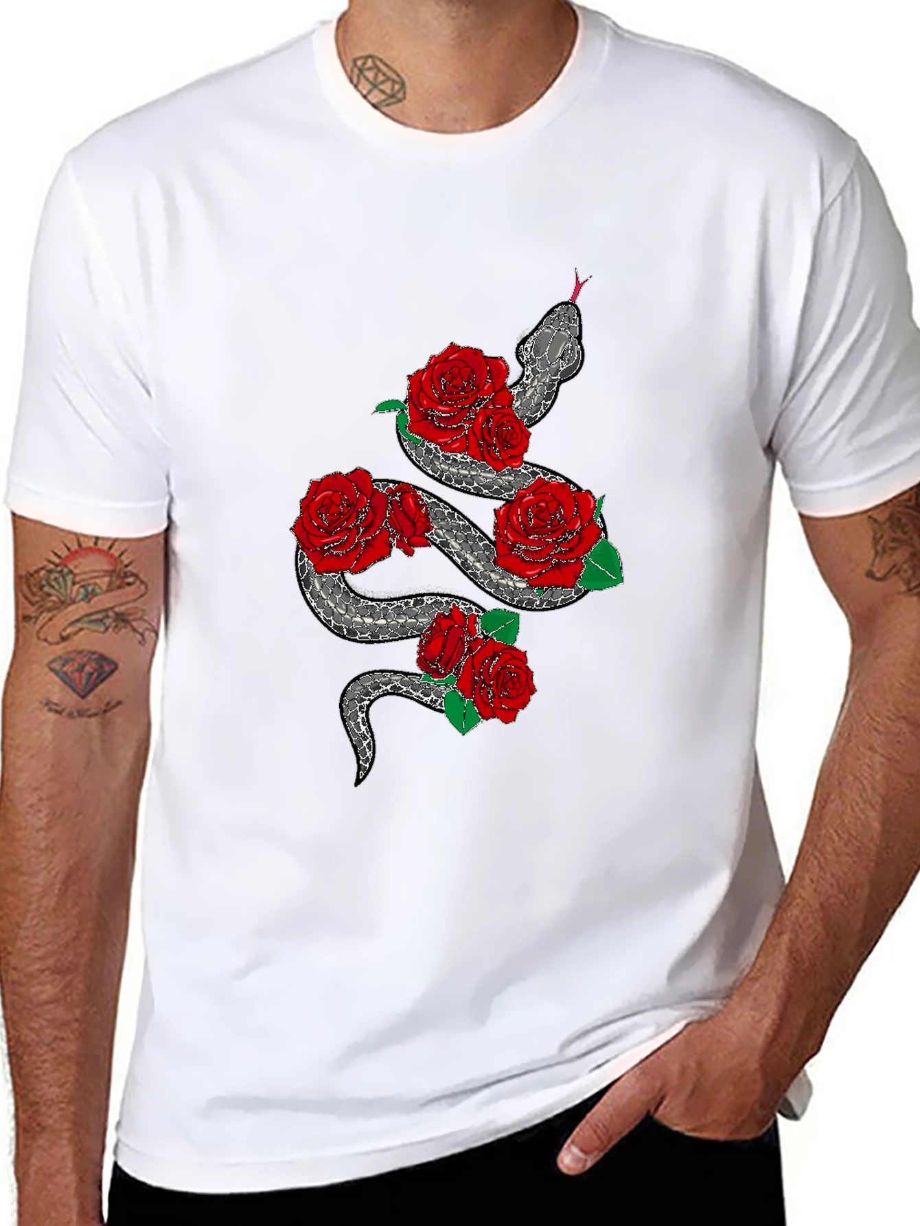 Snake and Roses Graphic Black T-Shirt