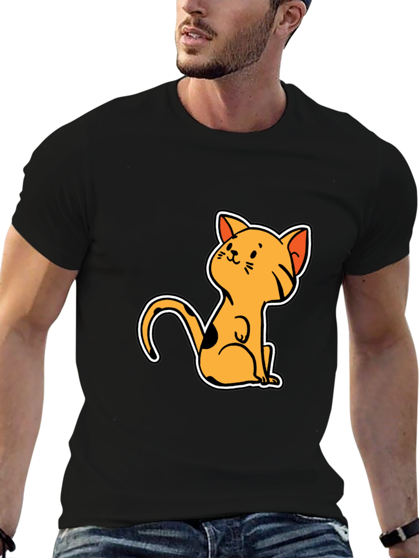 Cute Cat Cartoon Graphic Black T-Shirt