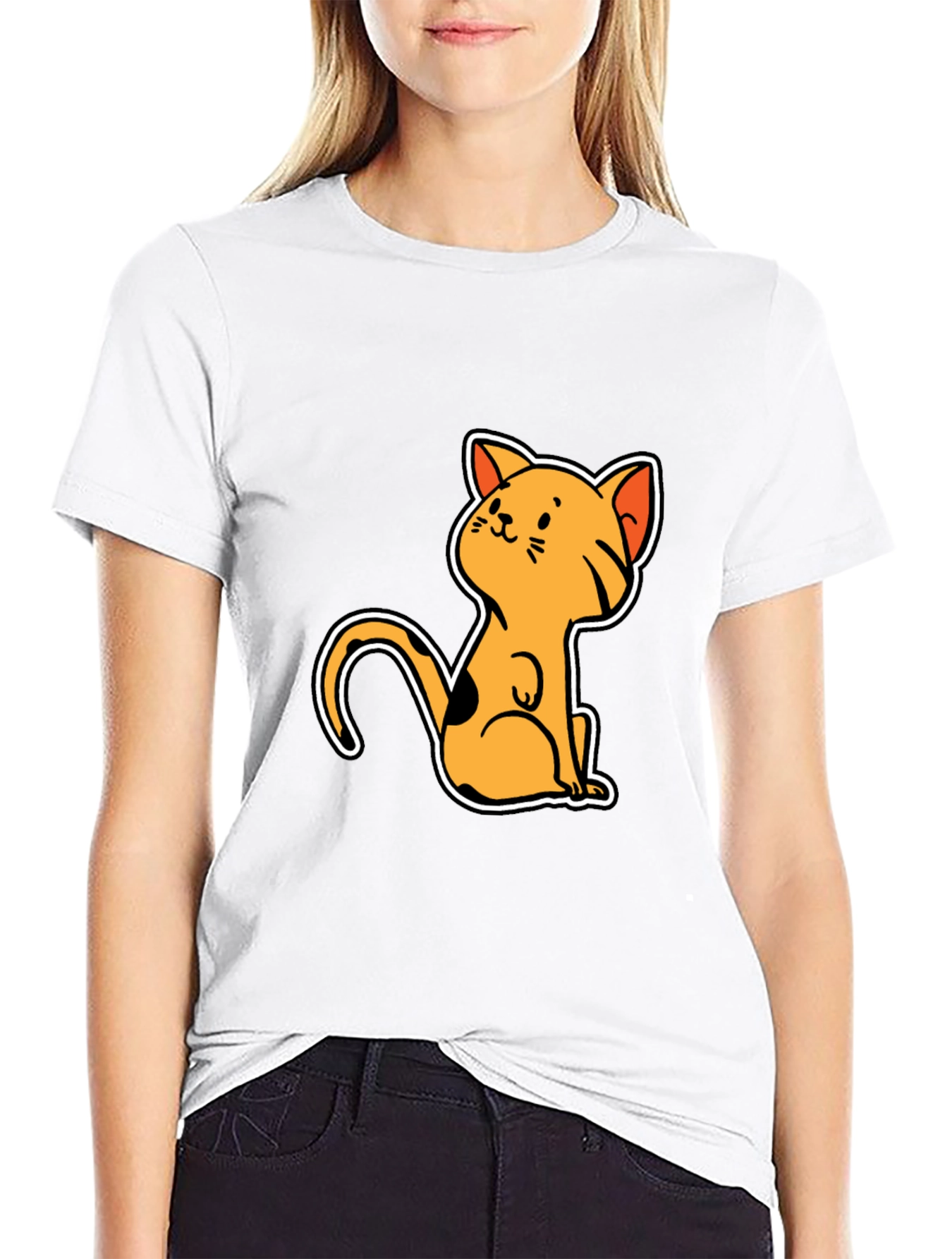 Cute Cat Cartoon Graphic Black T-Shirt