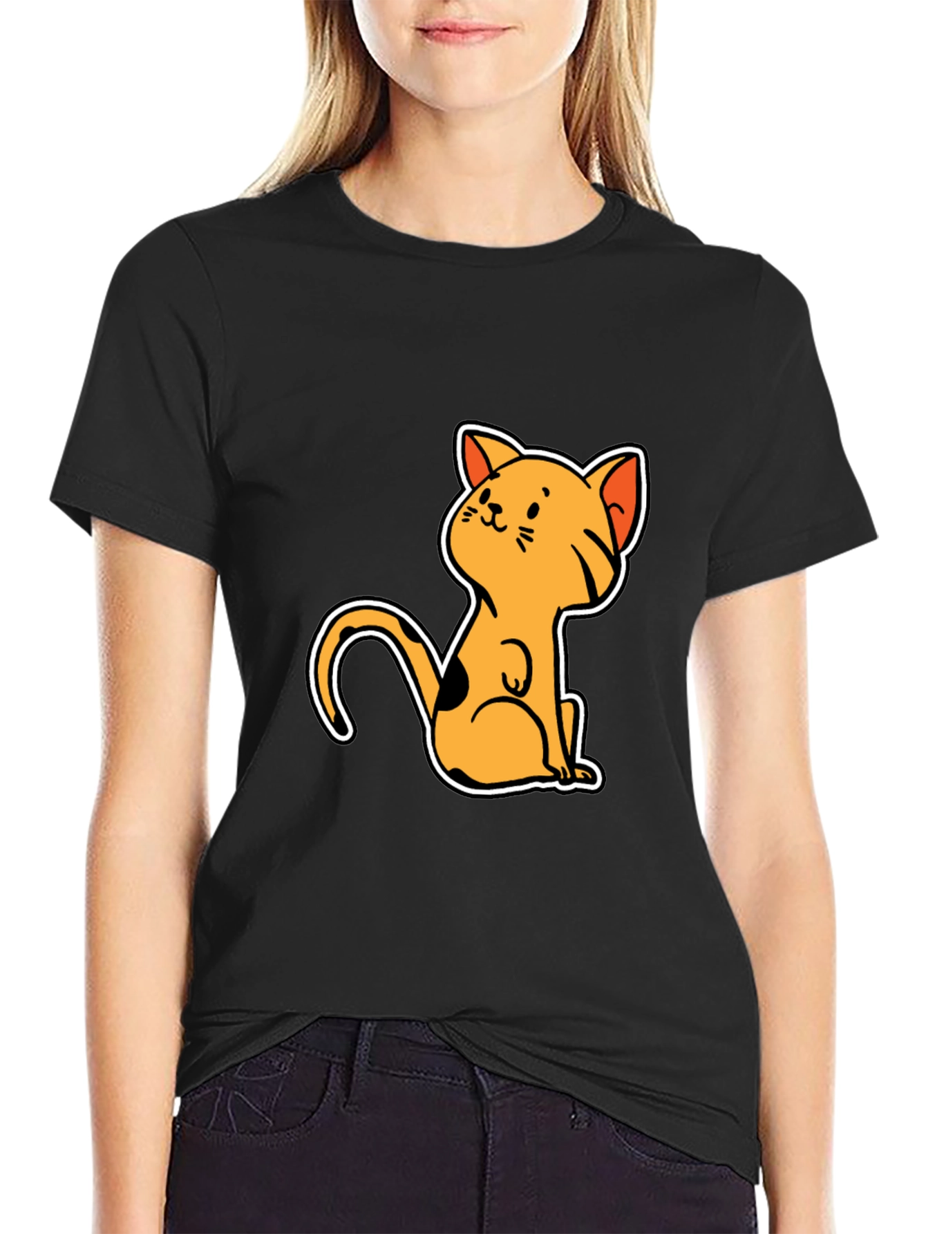 Cute Cat Cartoon Graphic Black T-Shirt