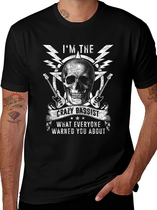 Crazy Bassist Graphic T-Shirt - Skull & Guitar Design