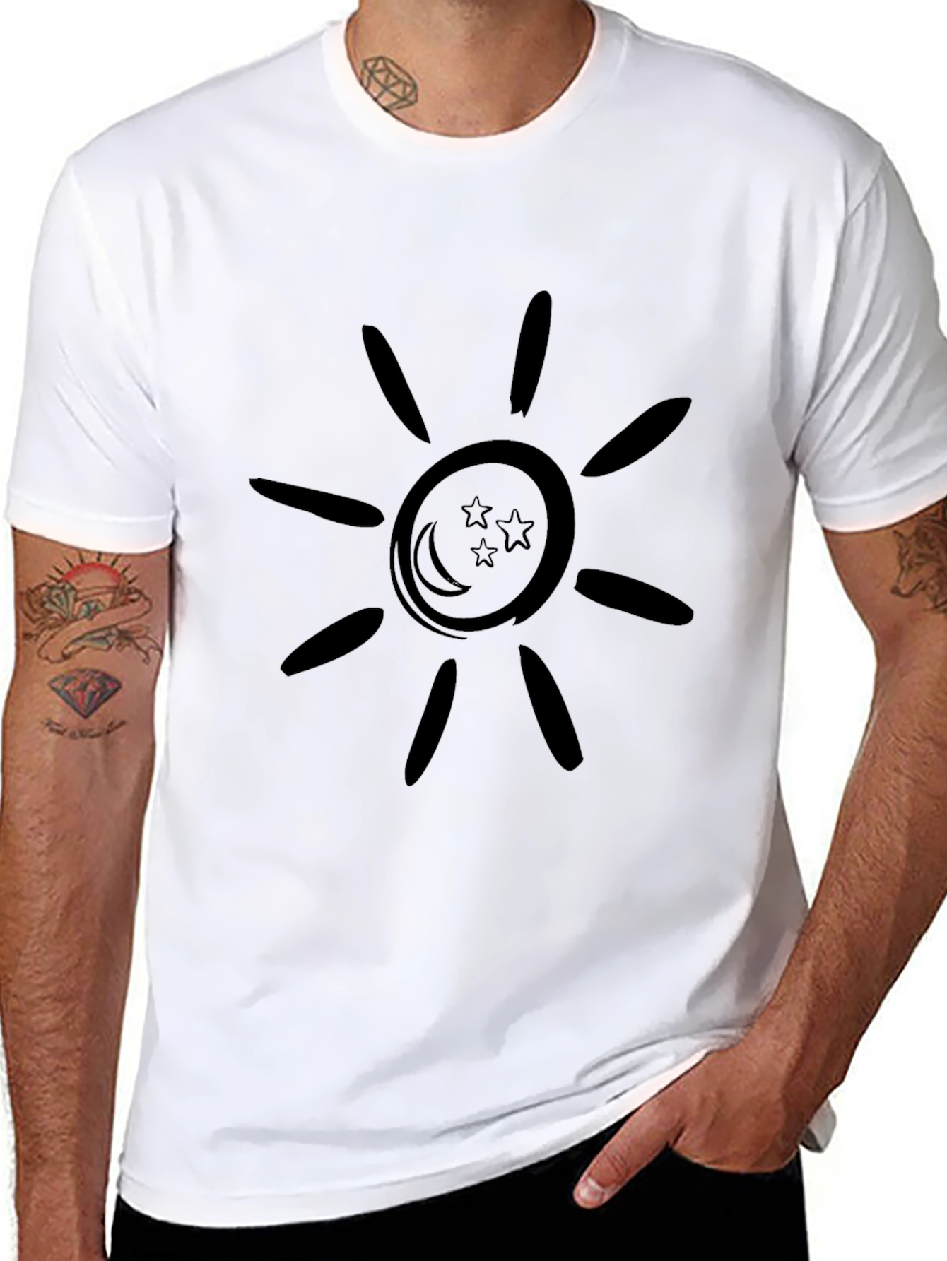 Black Graphic Tee: Sun Moon & Stars Design