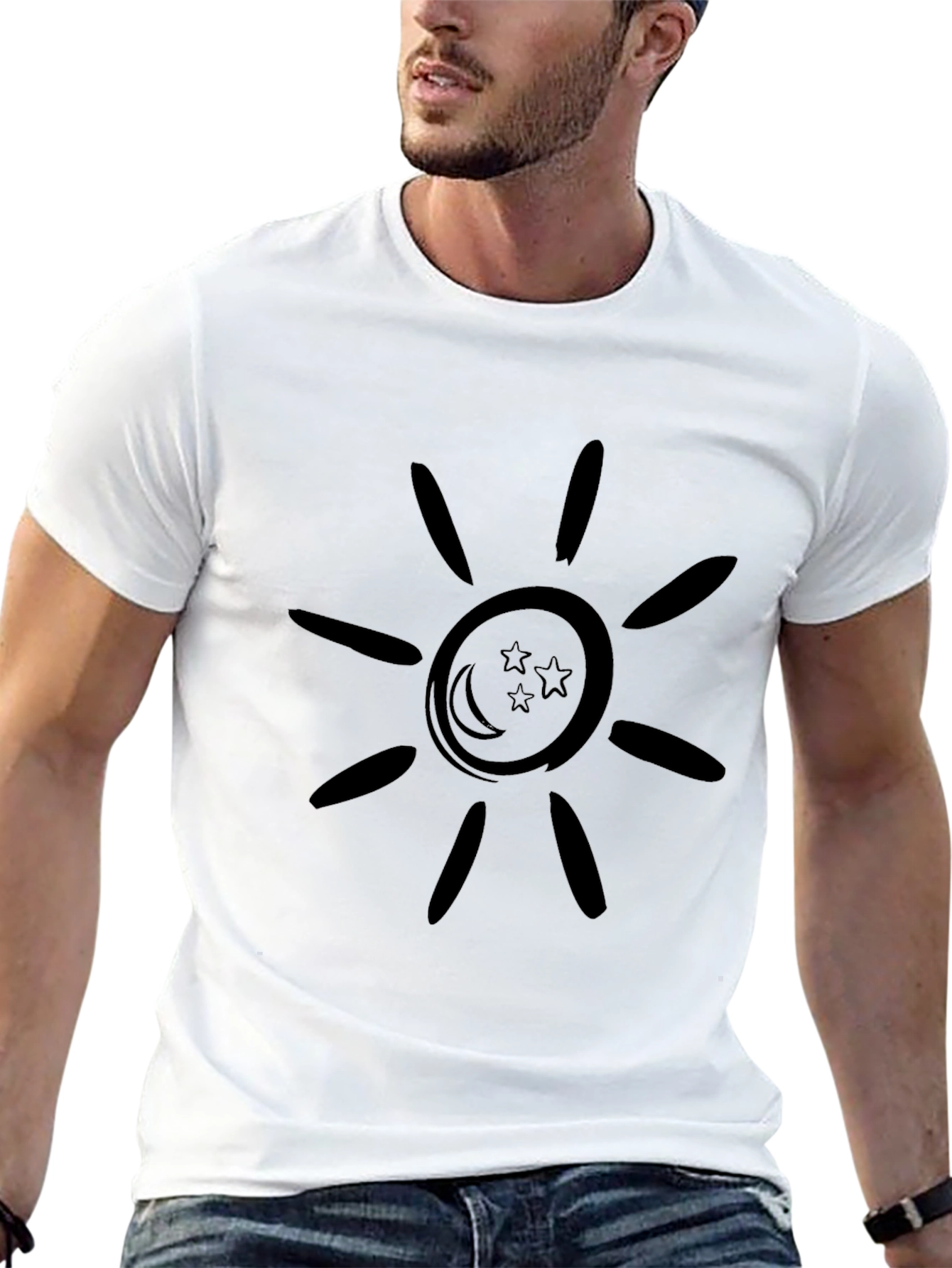 Black Graphic Tee: Sun Moon & Stars Design