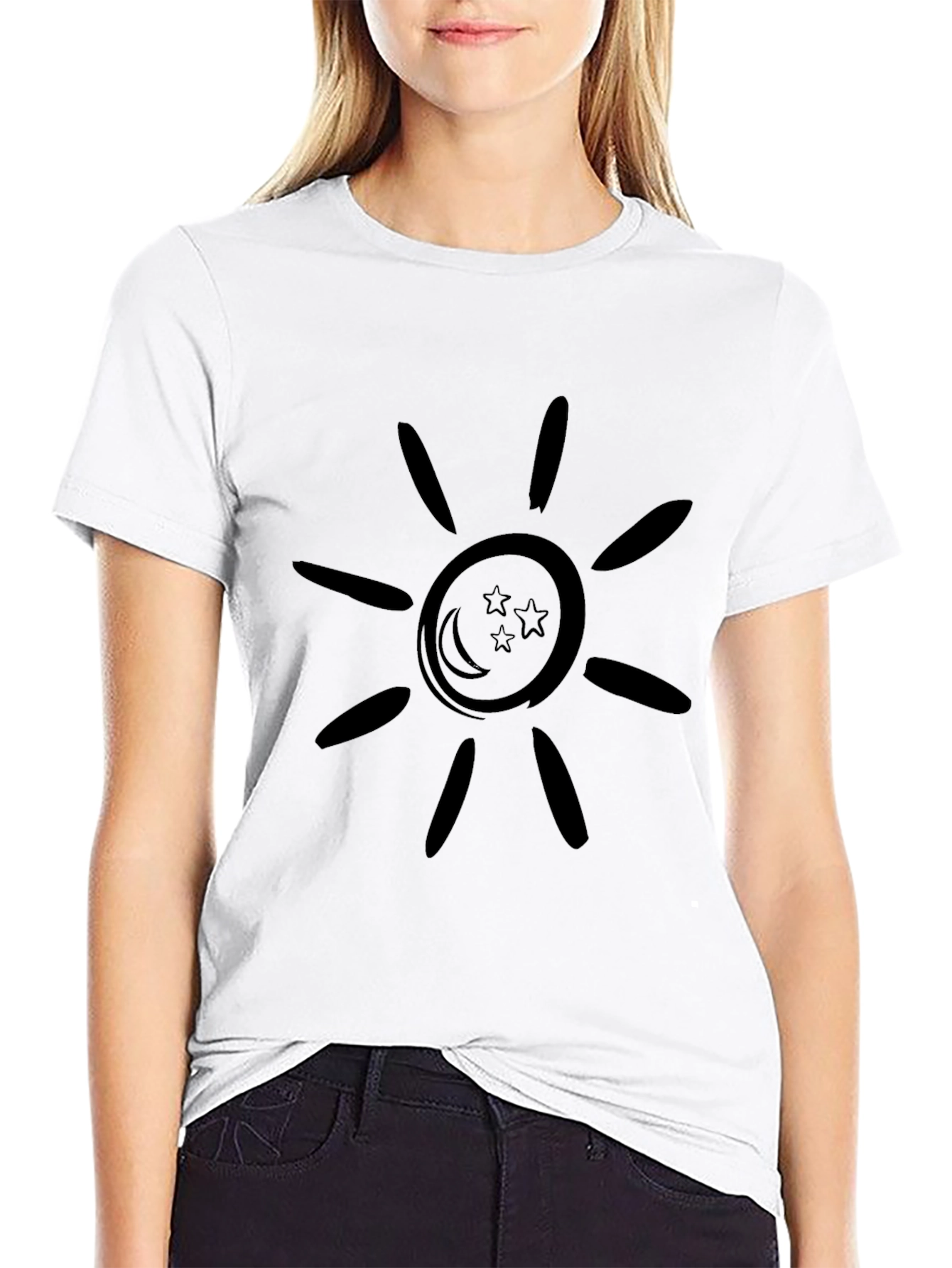 Black Graphic Tee: Sun Moon & Stars Design