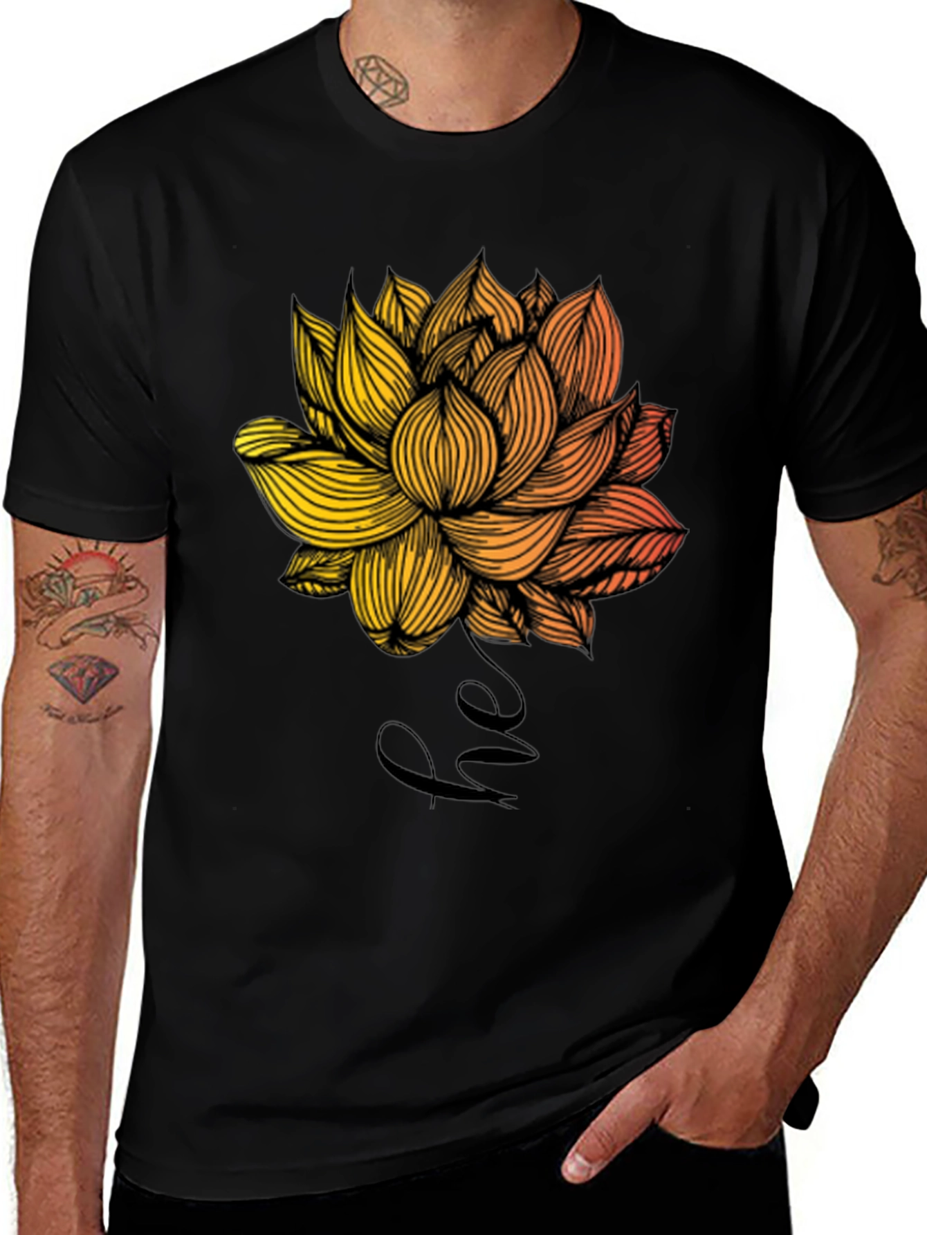 Floral Lotus Graphic Print Mens Black T-Shirt