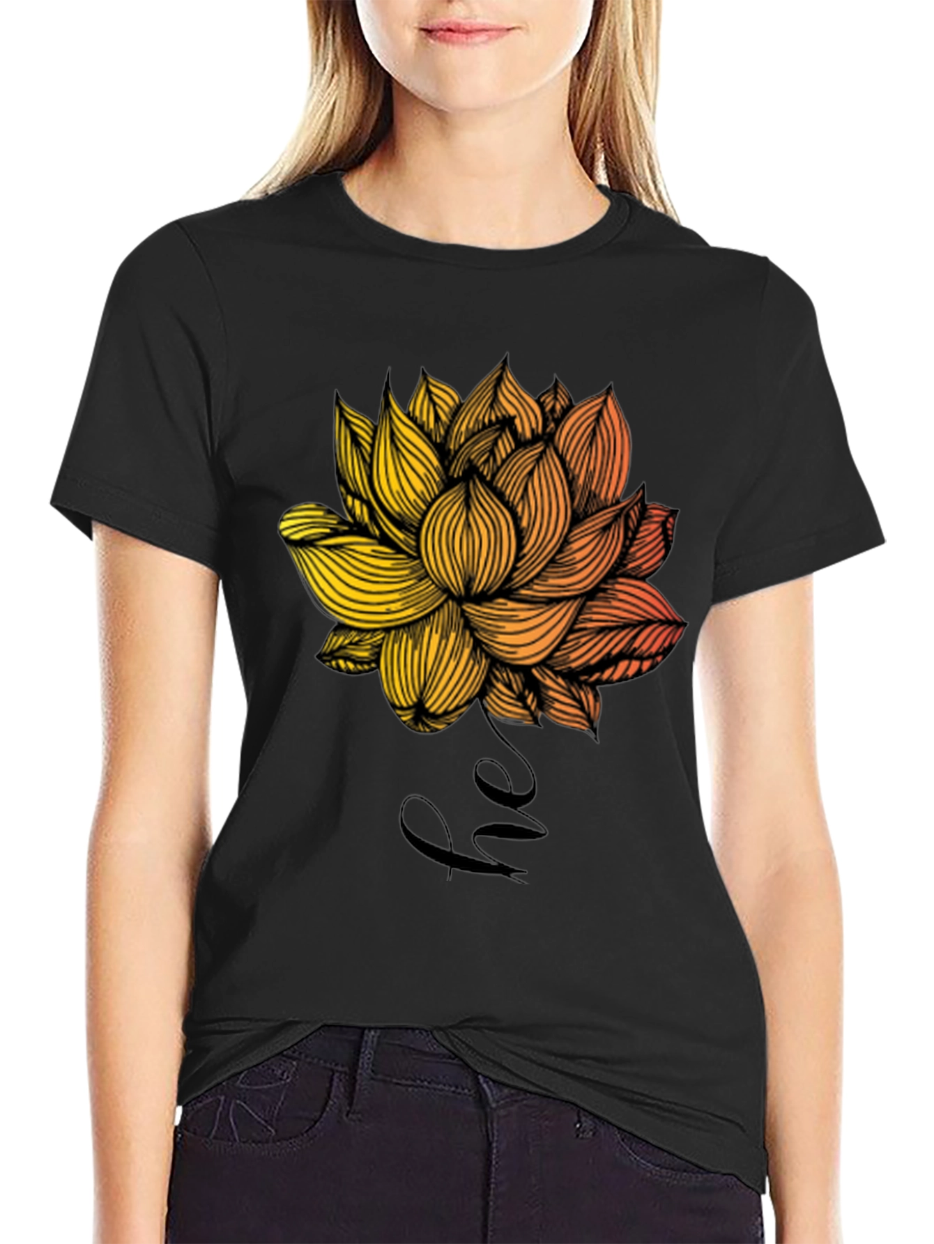 Floral Lotus Graphic Print Mens Black T-Shirt