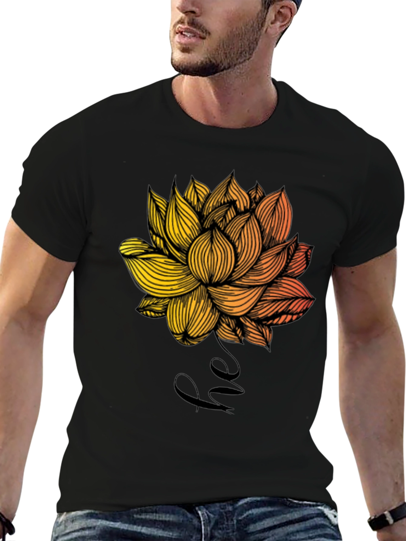 Floral Lotus Graphic Print Mens Black T-Shirt