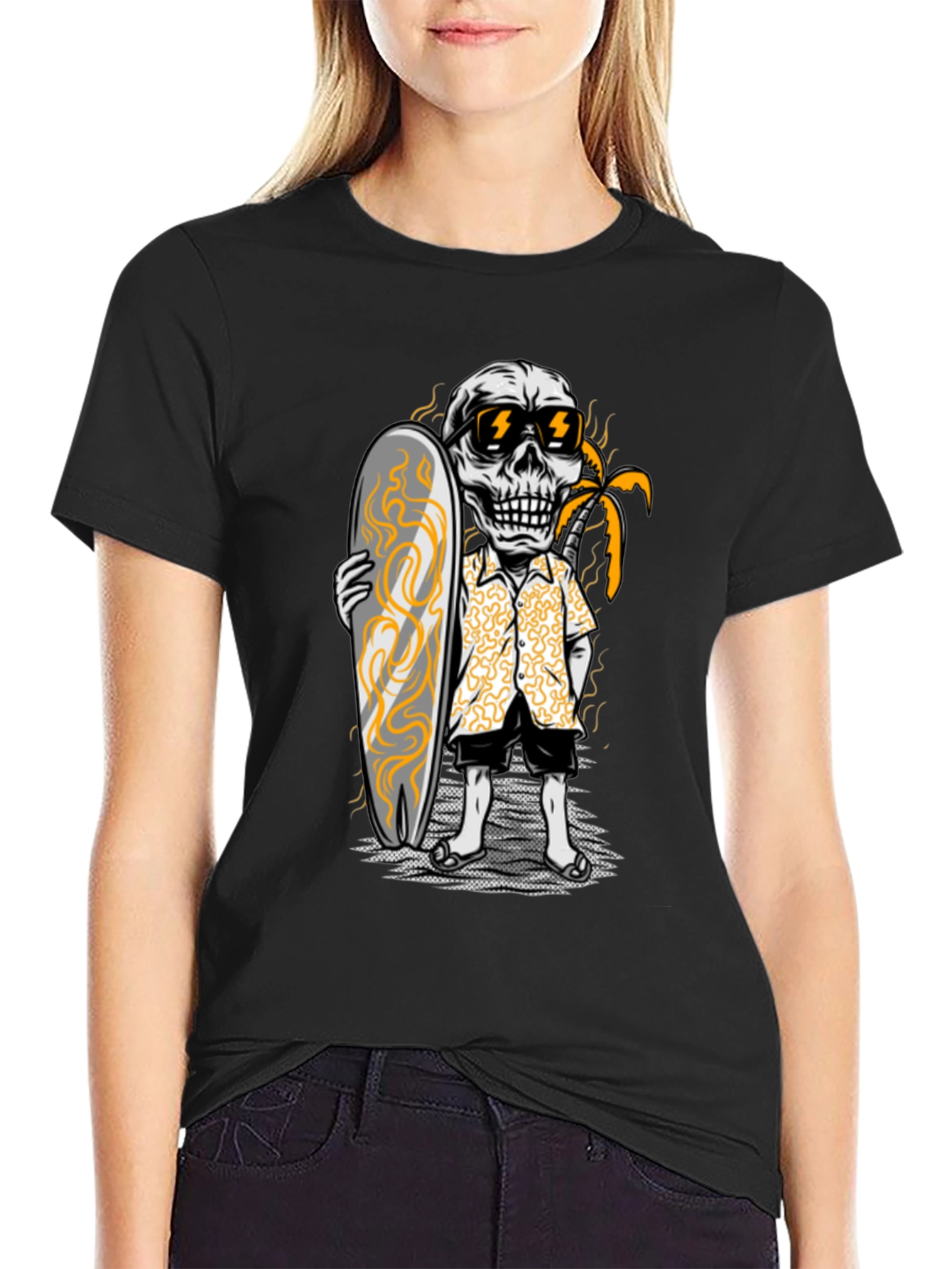 Surfing Skeleton Graphic Tee - Black