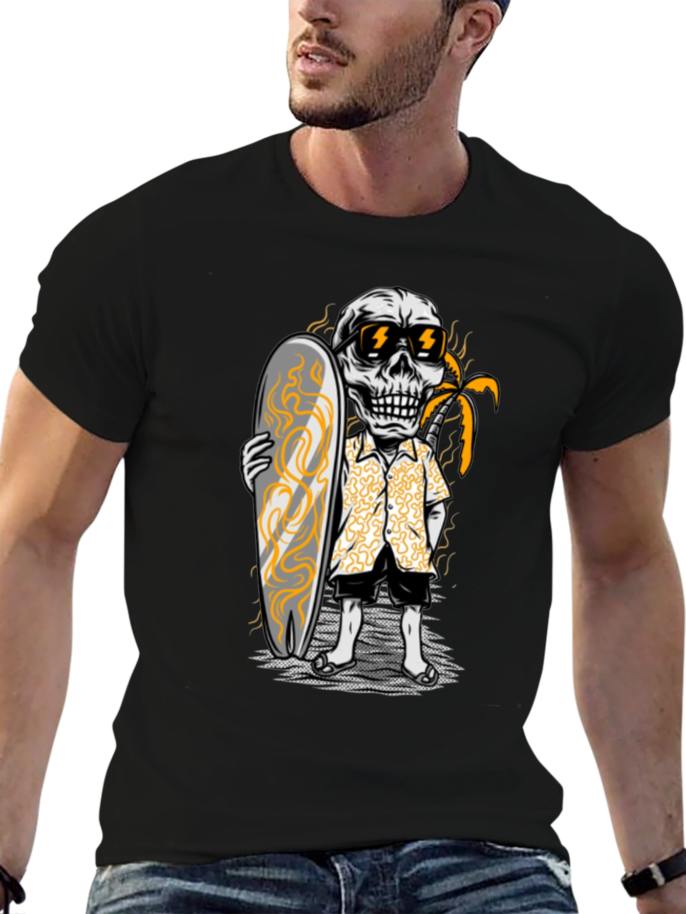 Surfing Skeleton Graphic Tee - Black