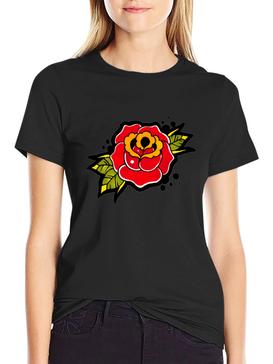 Rose Tattoo Print Black T-Shirt - Classic Style