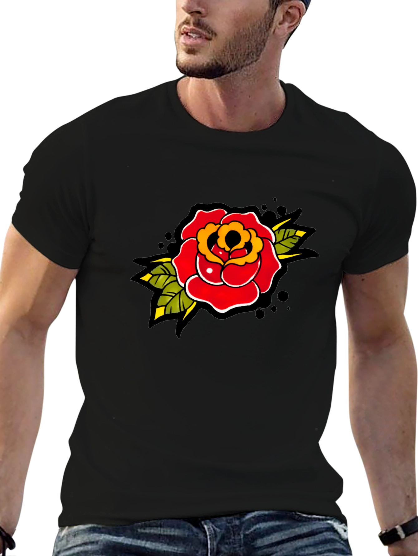 Rose Tattoo Print Black T-Shirt - Classic Style