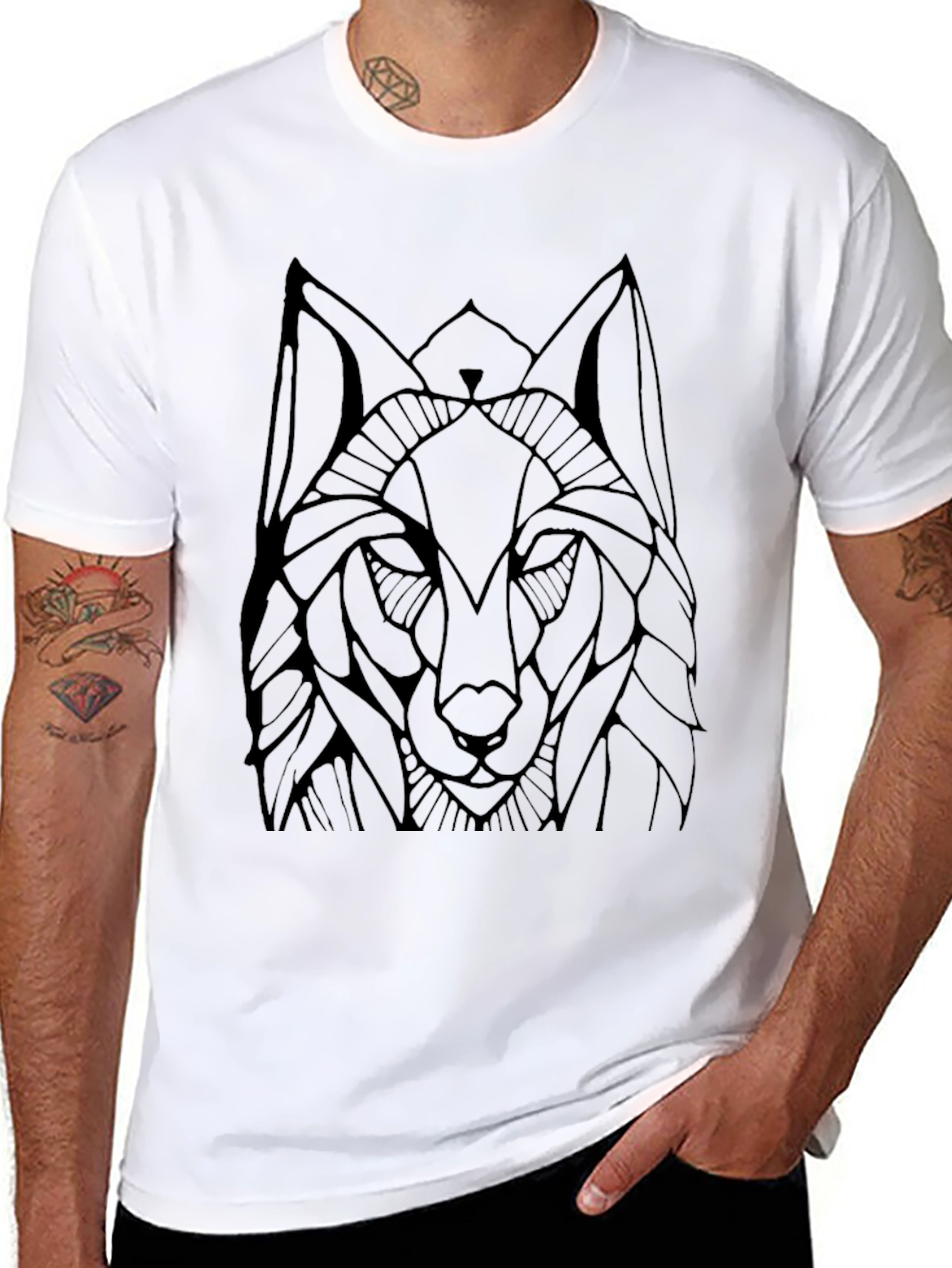 Geometric Wolf Graphic Tee - Black