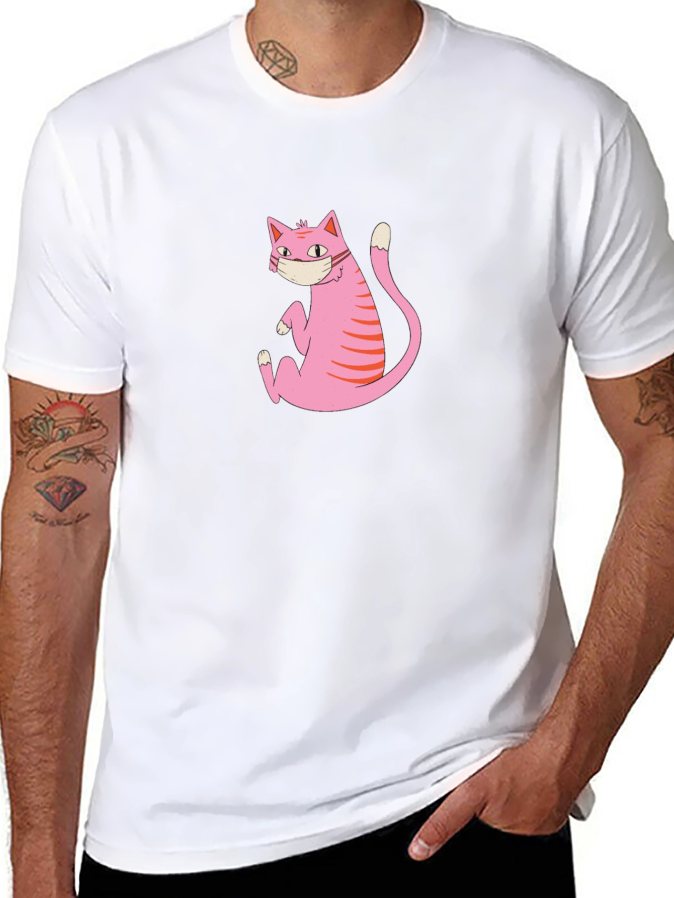 Funny Pink Cat Wearing Mask Graphic T-Shirt