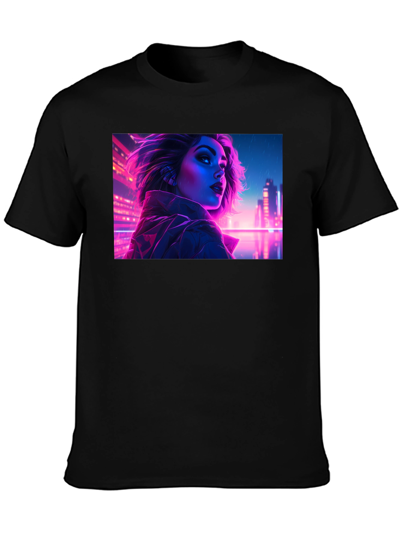 Cyberpunk Neon Woman Graphic Tee - Black