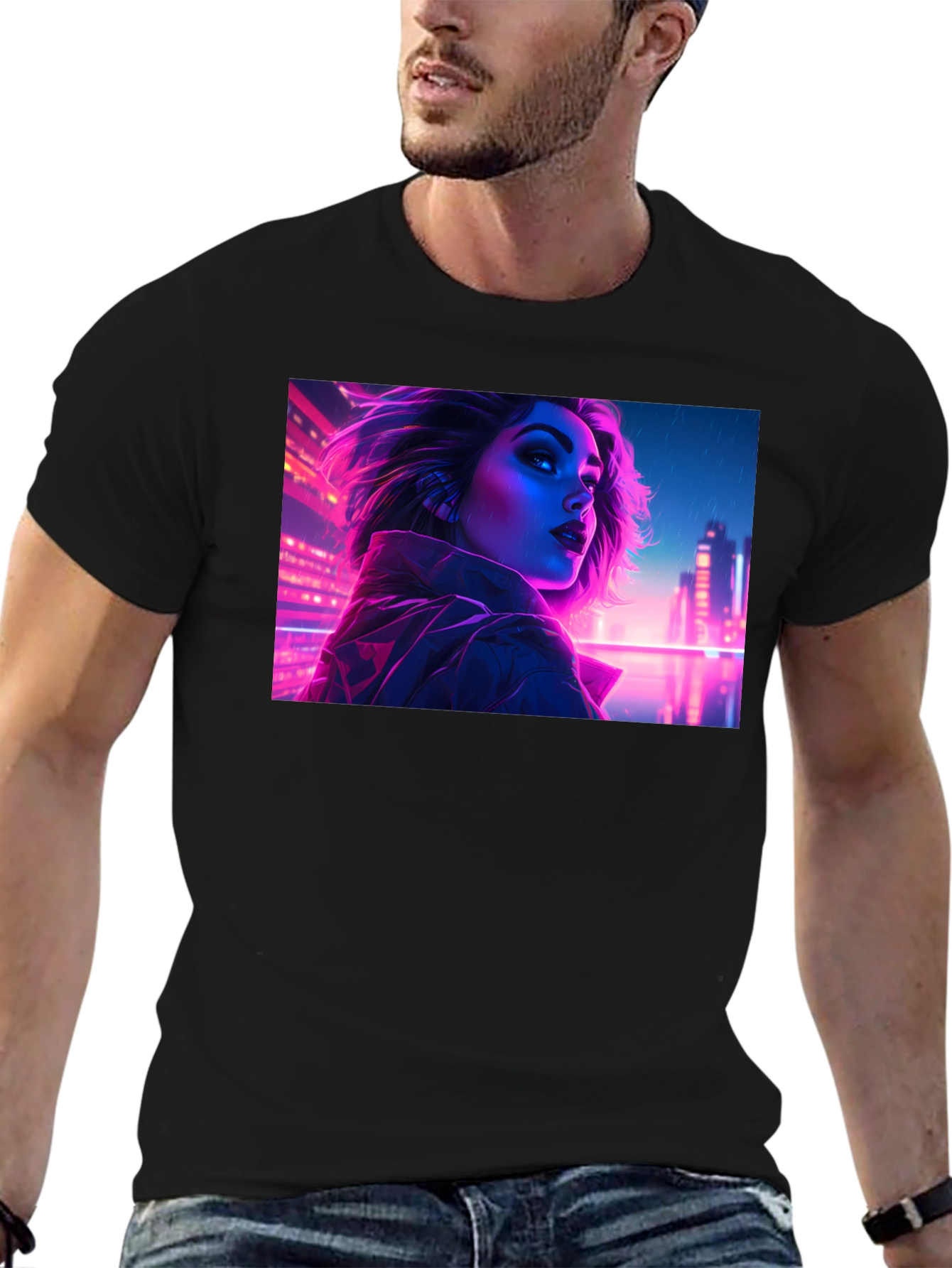 Cyberpunk Neon Woman Graphic Tee - Black