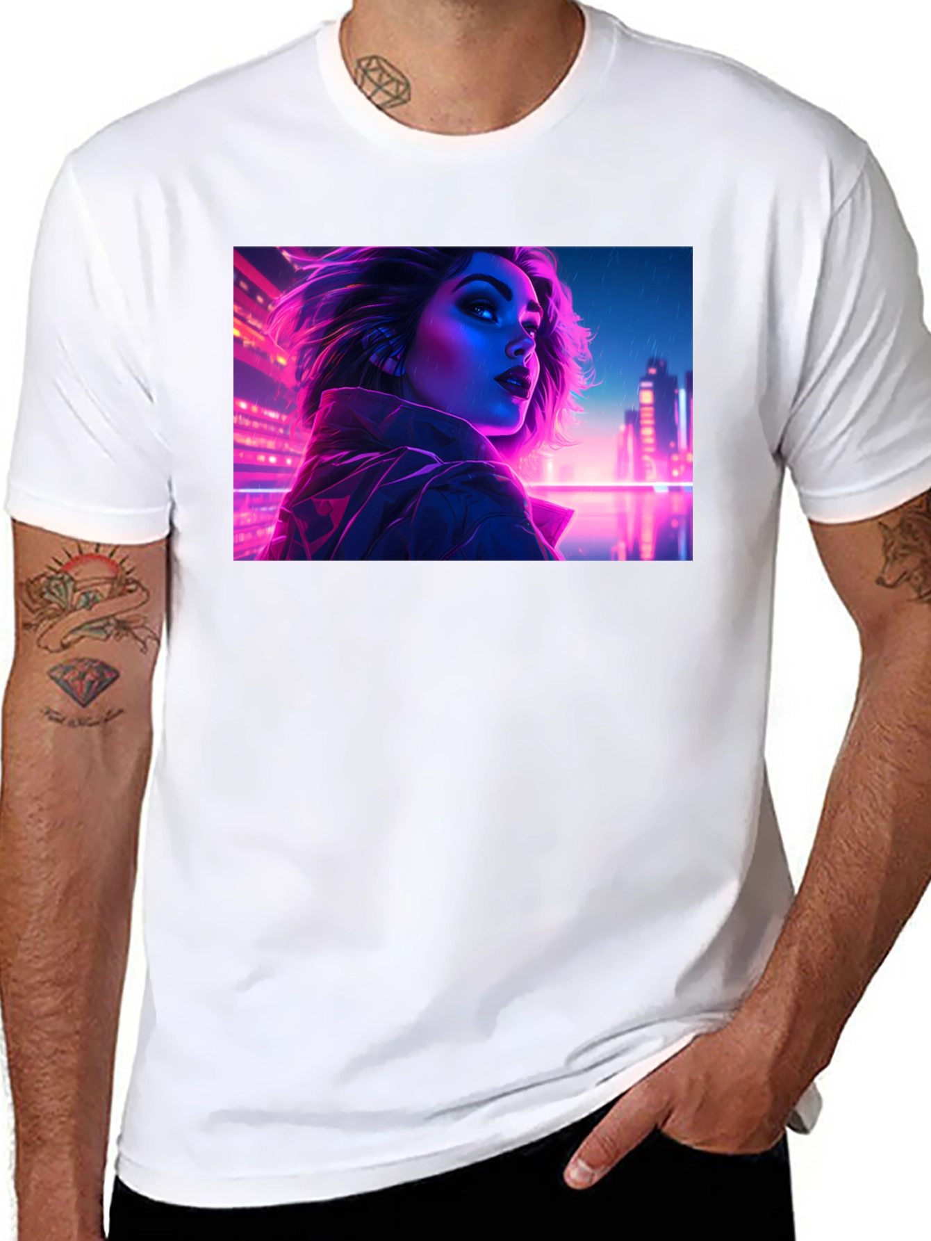 Cyberpunk Neon Woman Graphic Tee - Black